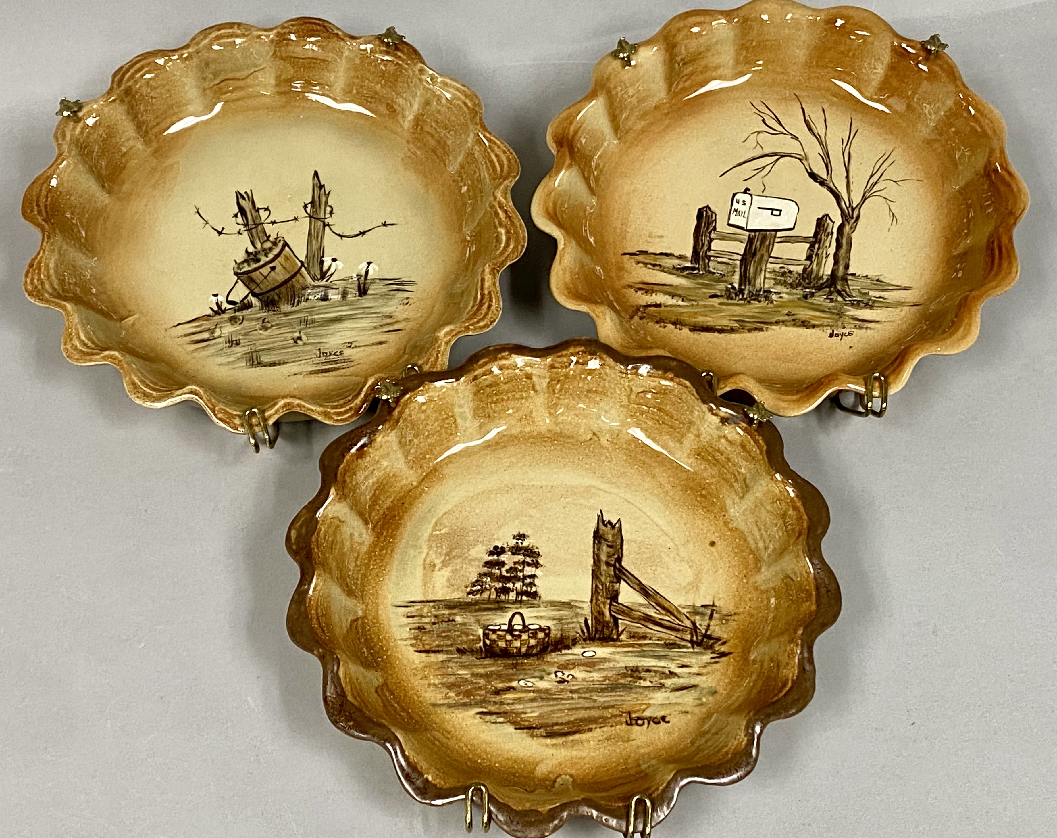 3 Rural Americana Folk Art Plates, 1982