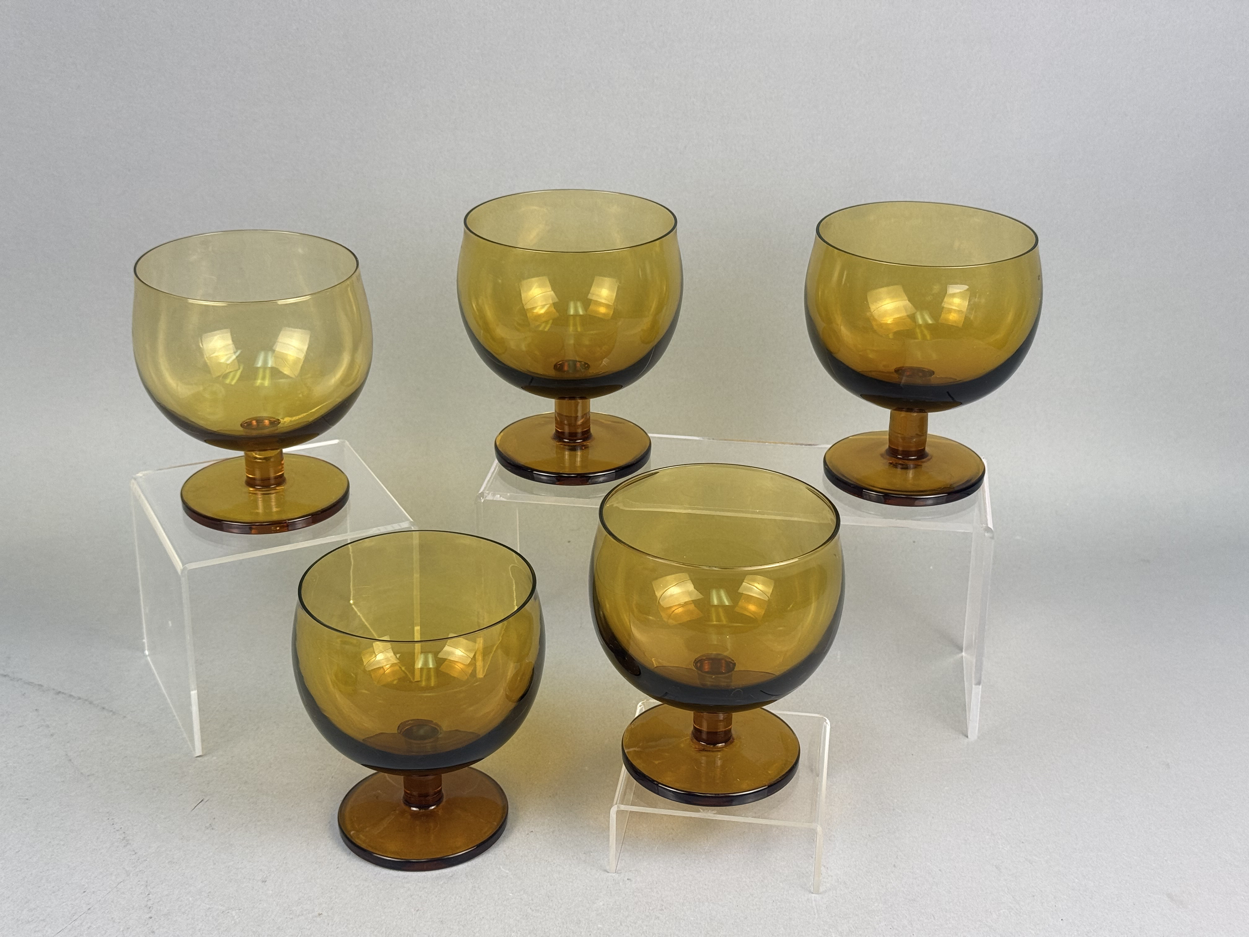 Five Mid-Century Amber Glass Short Goblets