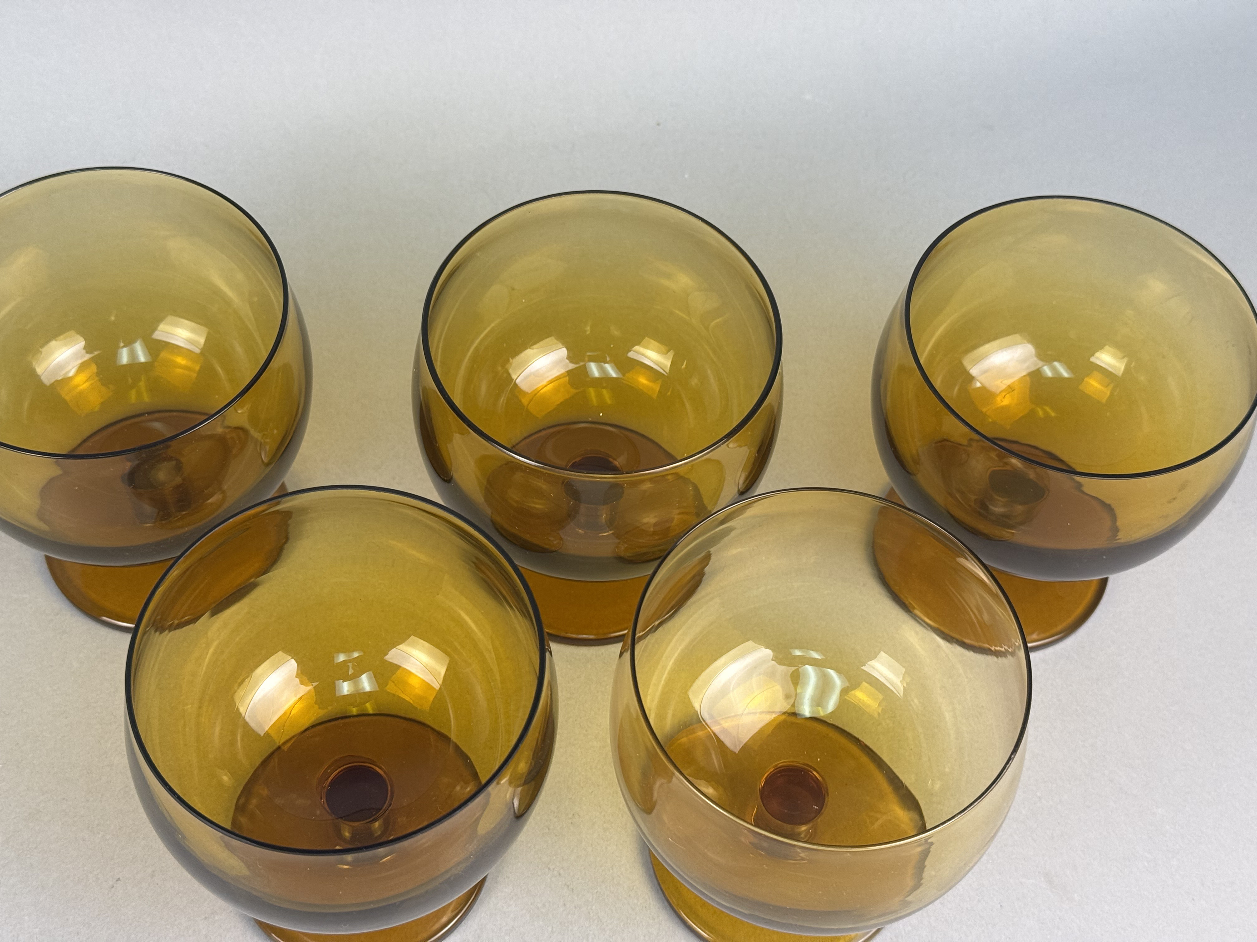 Five Mid-Century Amber Glass Short Goblets