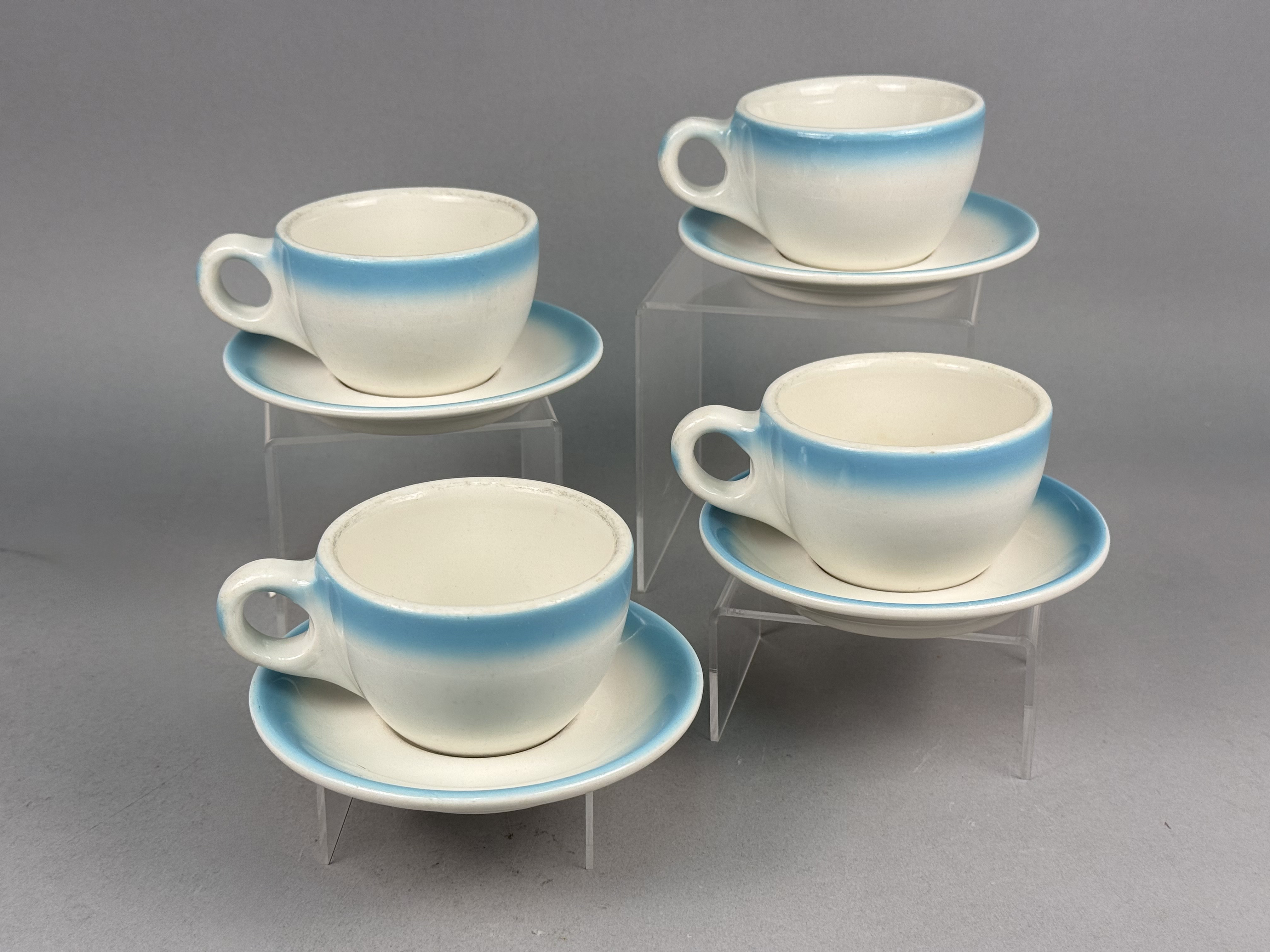 4 Buffalo China Blue Shaded Gradient Cups & Saucers
