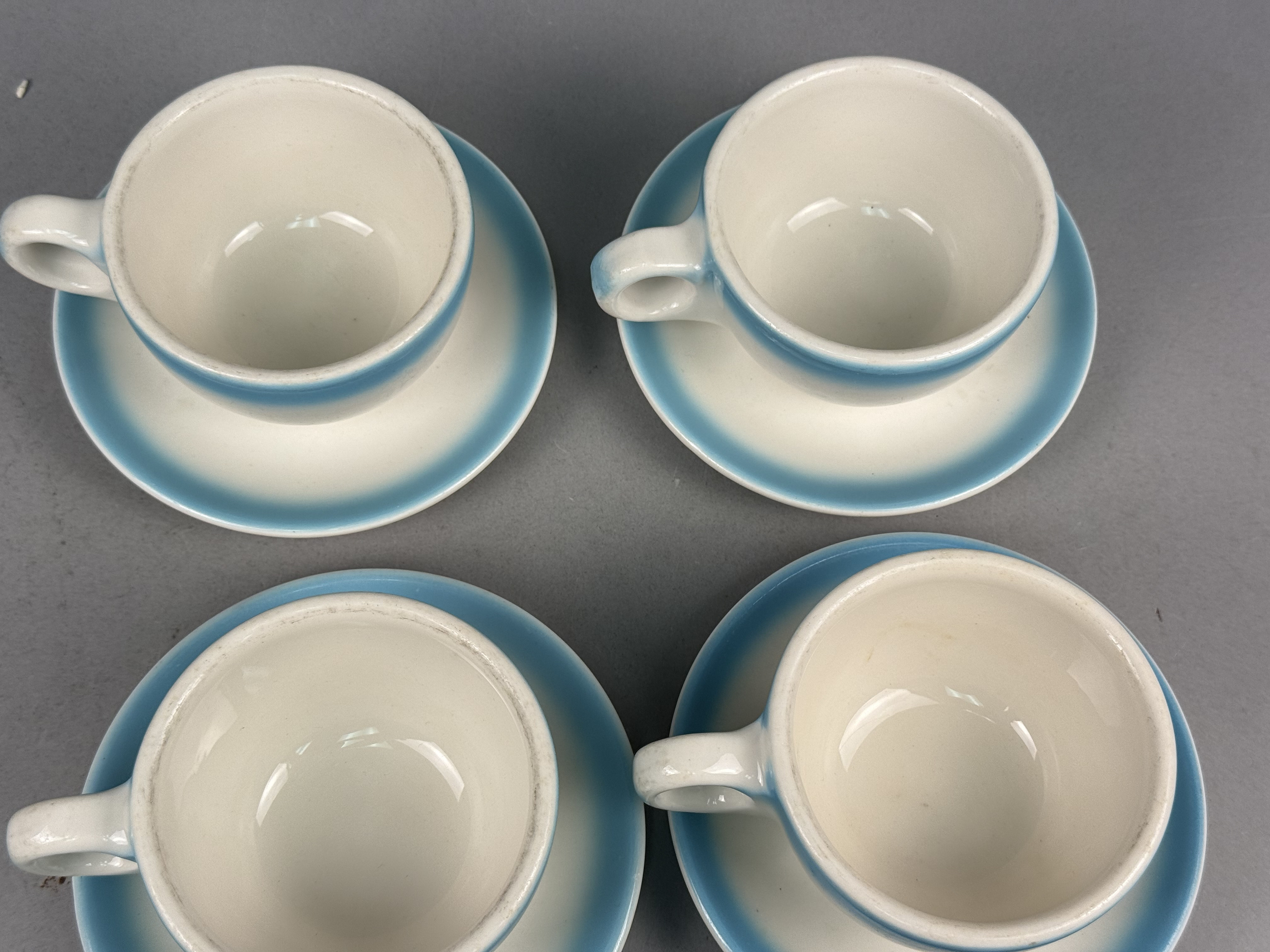 4 Buffalo China Blue Shaded Gradient Cups & Saucers