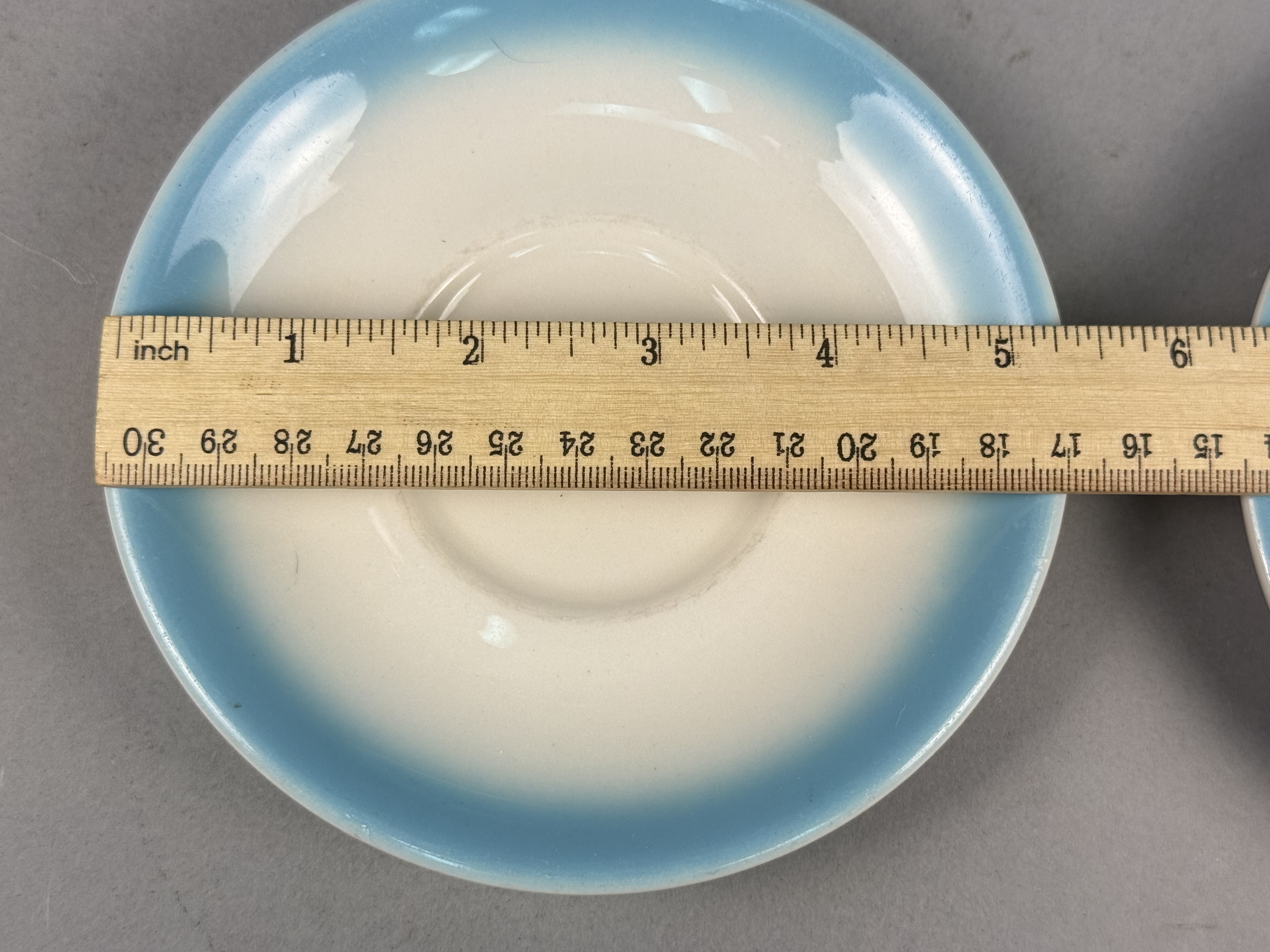 4 Buffalo China Blue Shaded Gradient Cups & Saucers