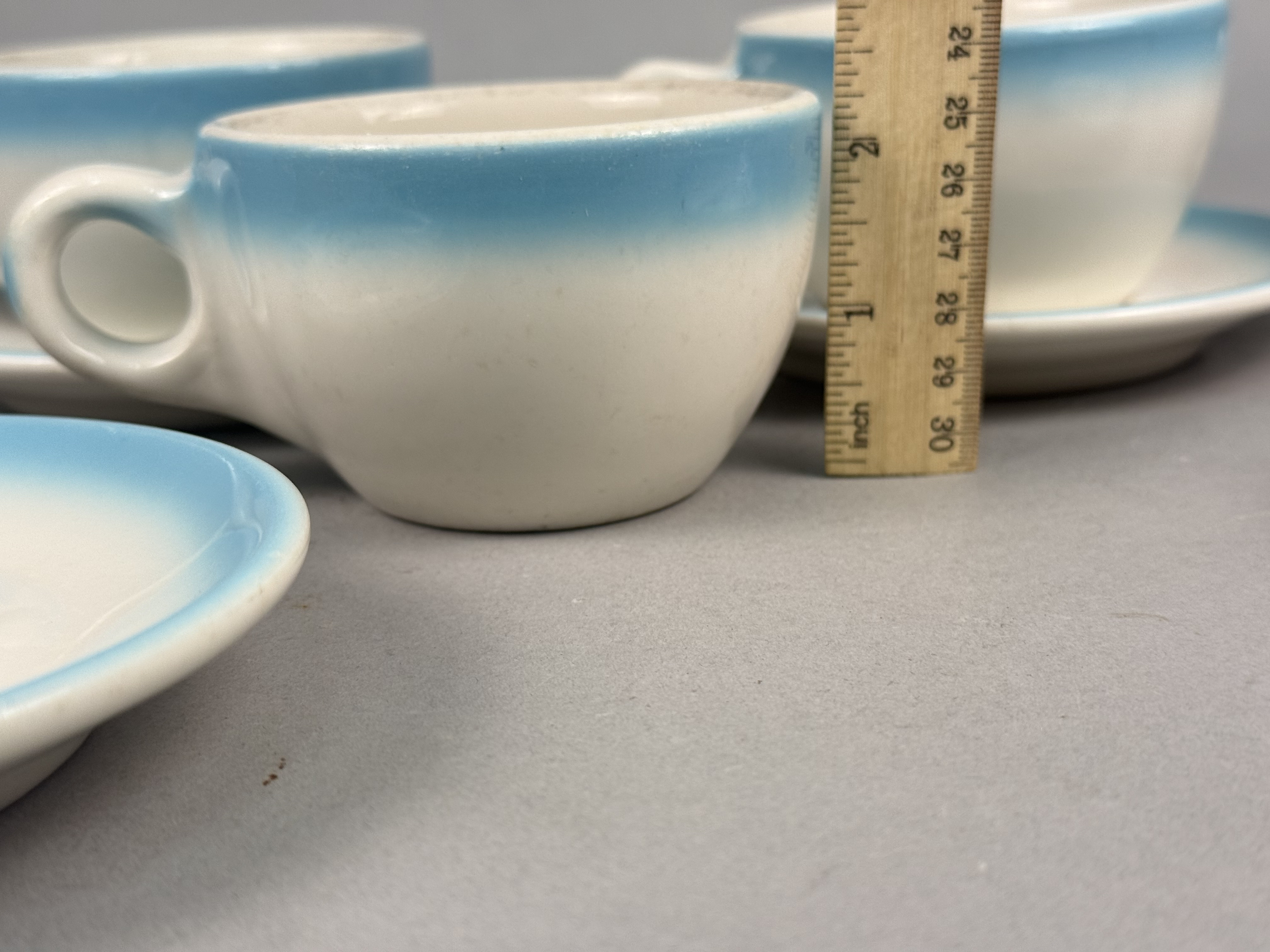4 Buffalo China Blue Shaded Gradient Cups & Saucers