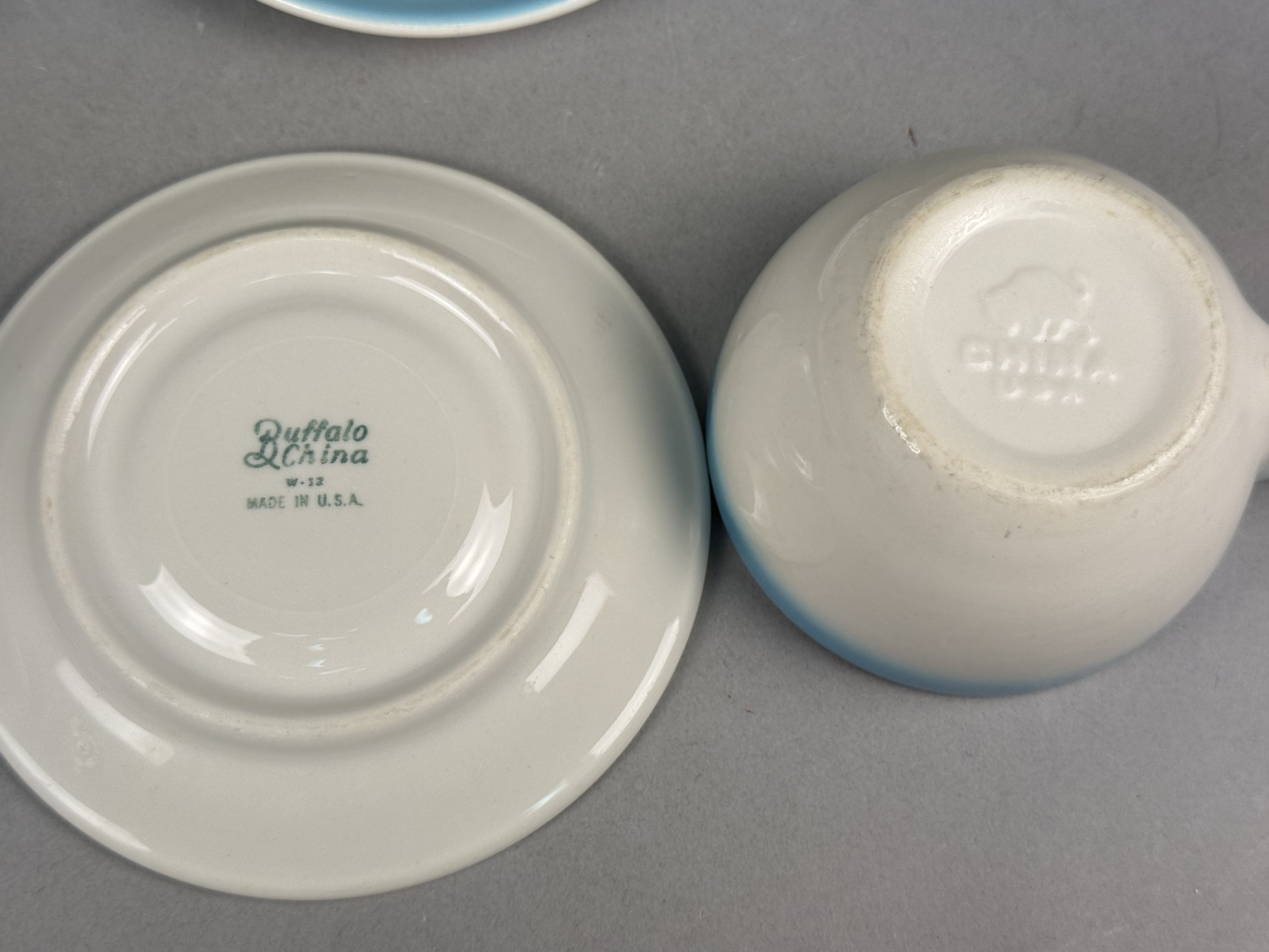4 Buffalo China Blue Shaded Gradient Cups & Saucers