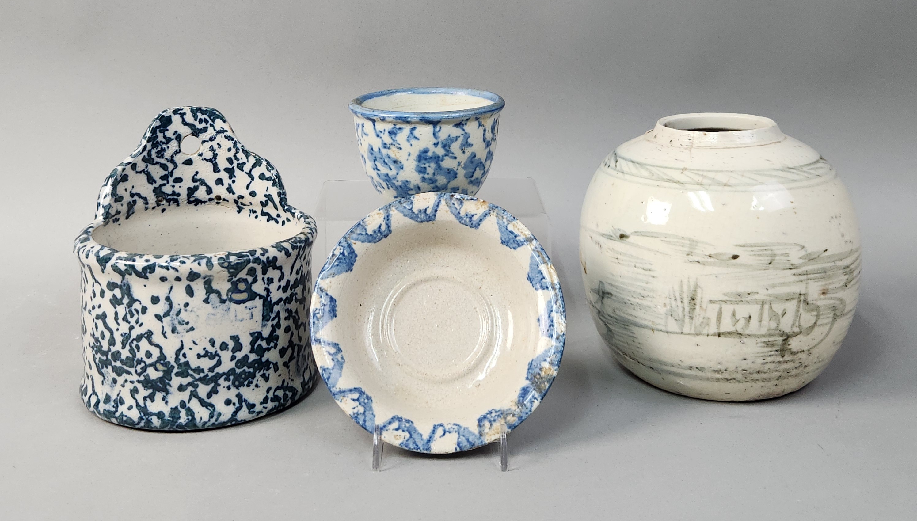 Blue Spongeware Ceramics & Hand-Painted Jar