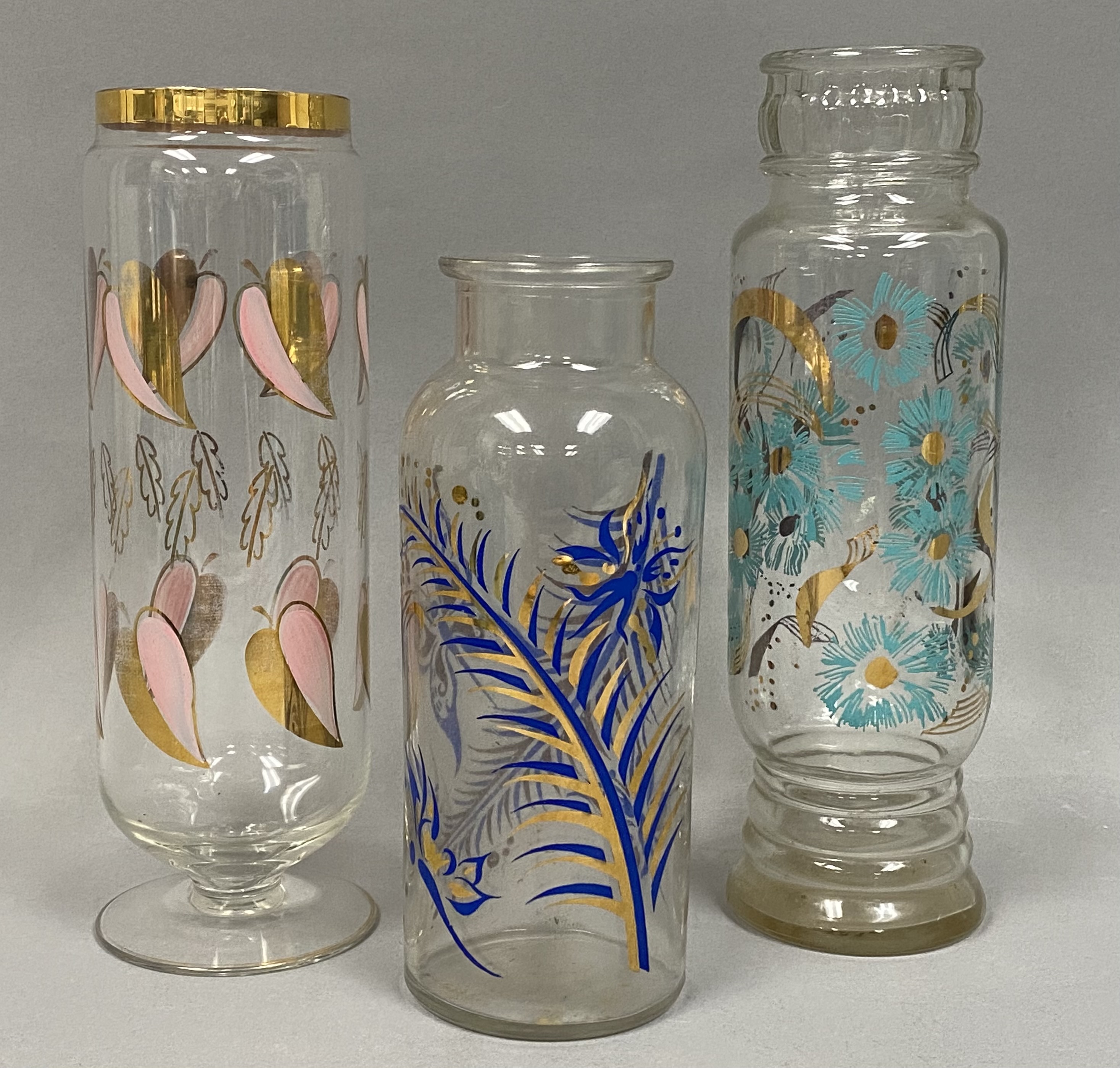 3 MCM Painted and Gilt Clear Glass Vases