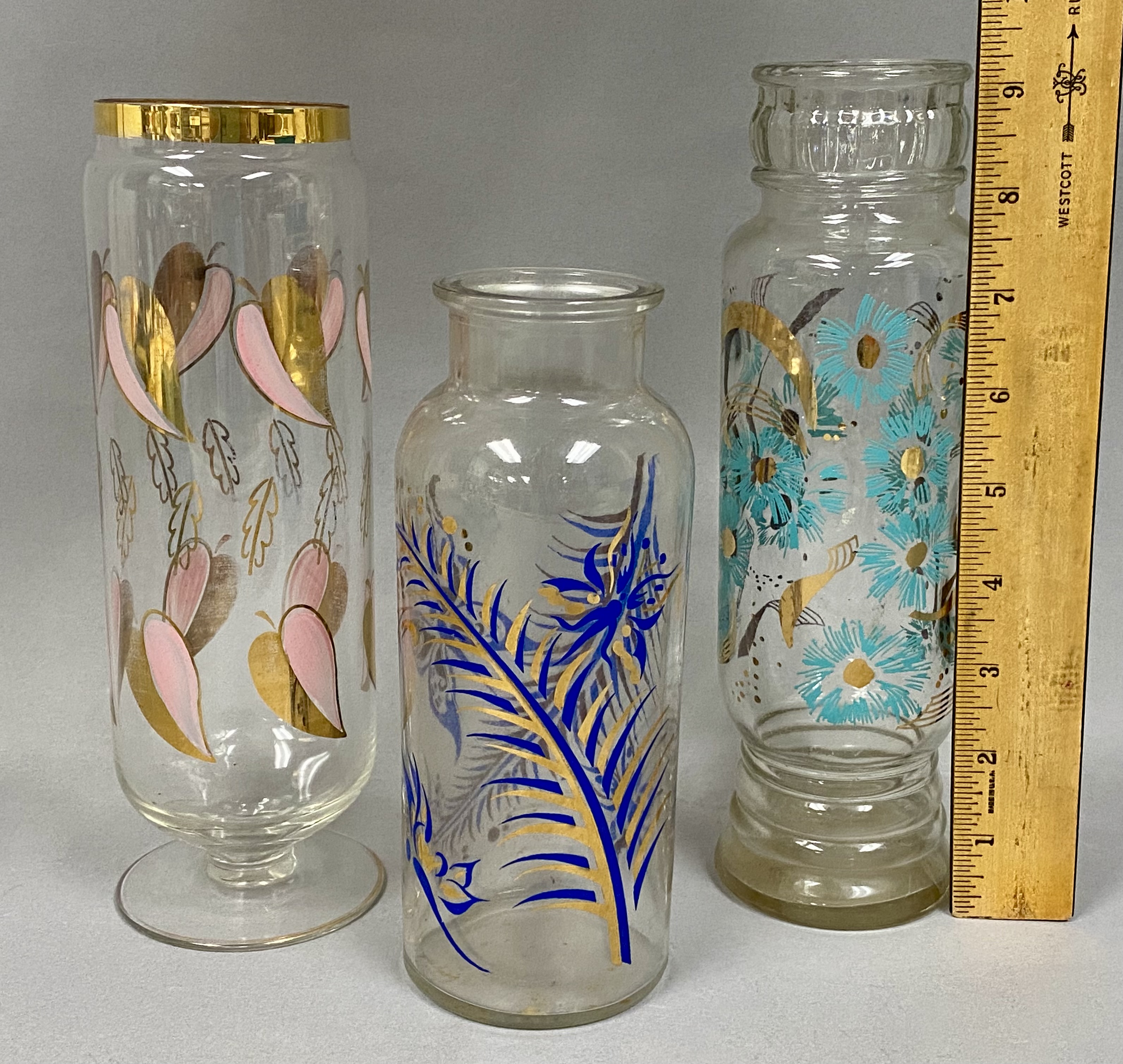 3 MCM Painted and Gilt Clear Glass Vases
