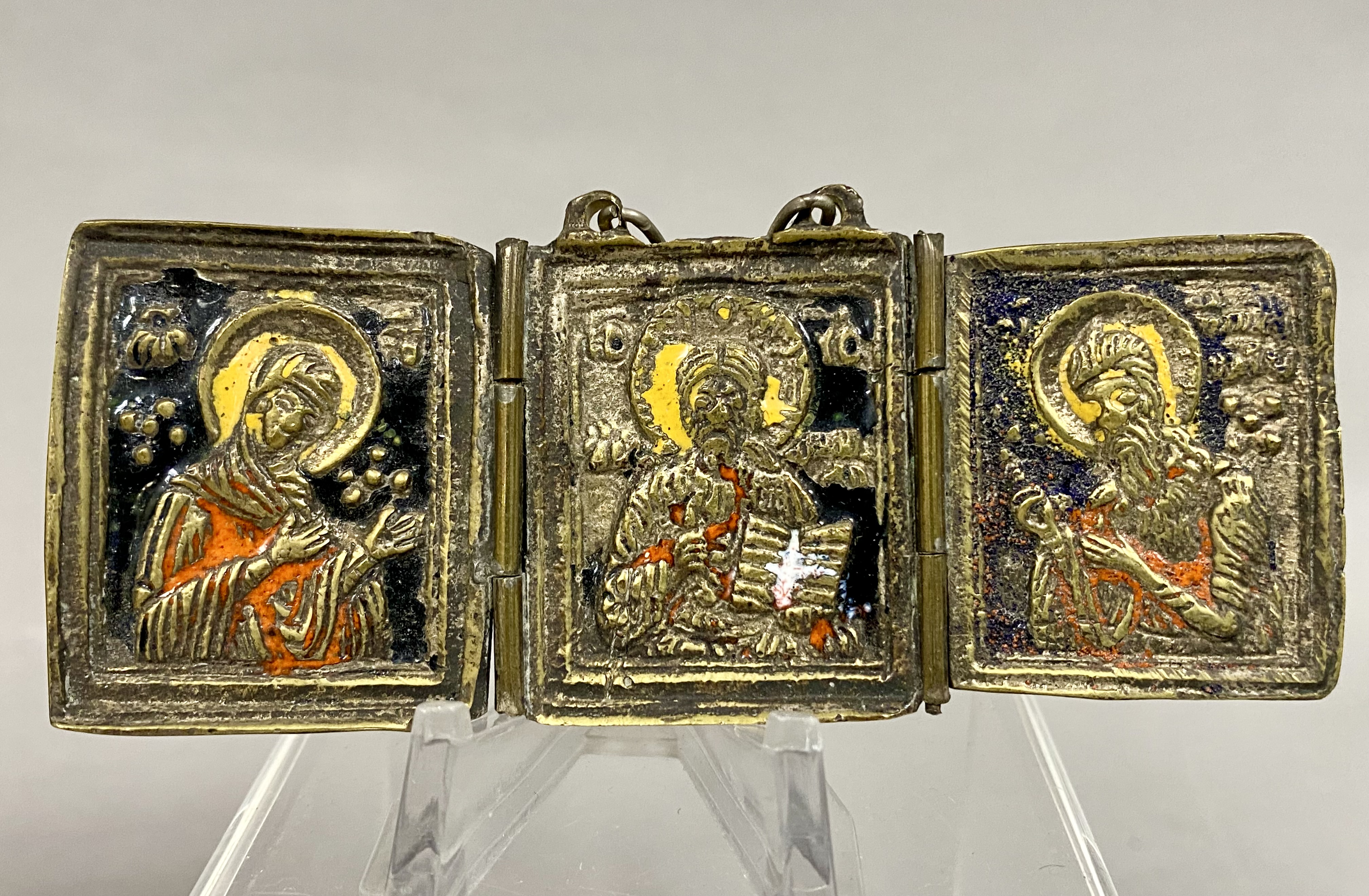 2 Russian Orthodox Brass & Polychrome Enamel Icons