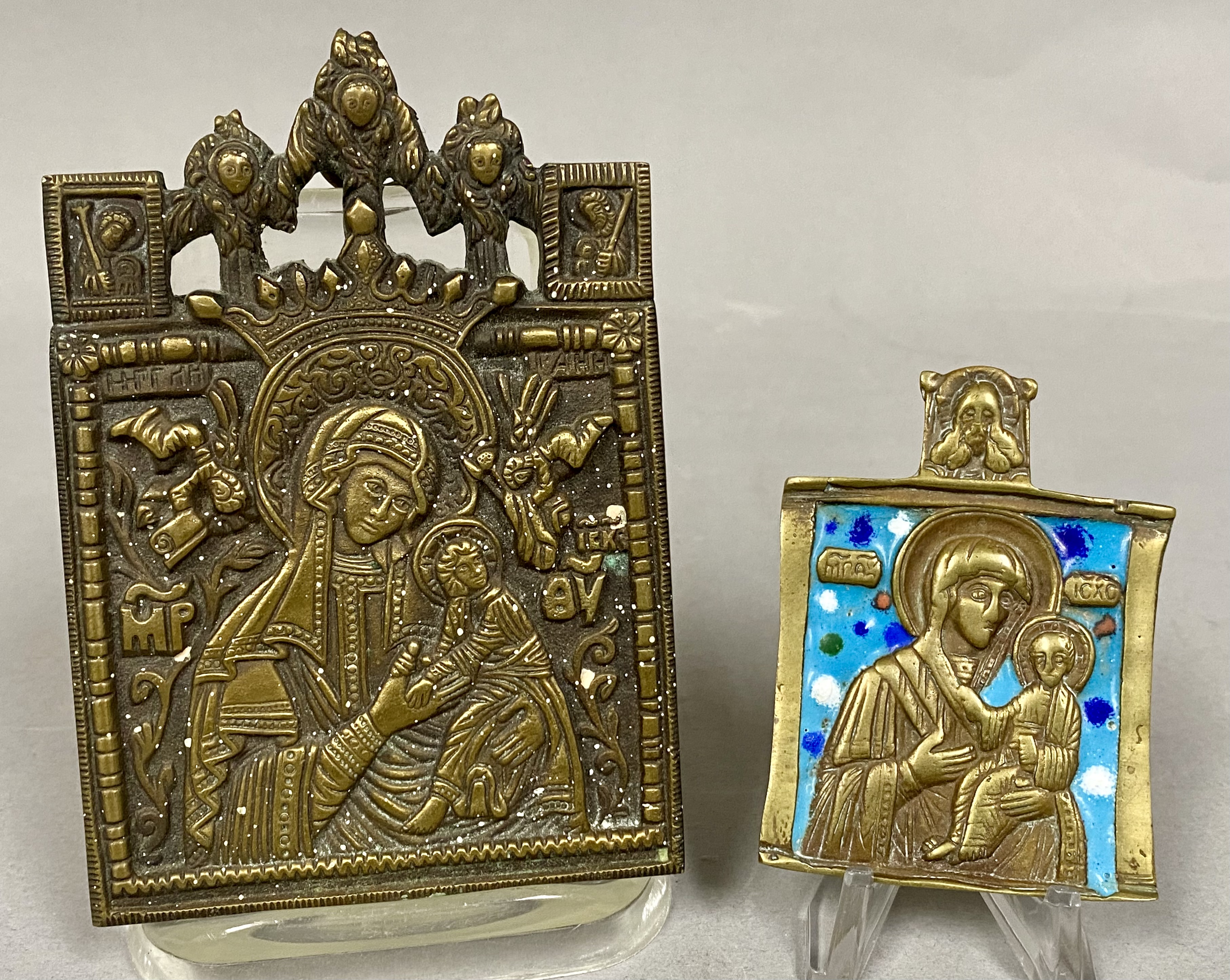 2 Russian Orthodox Cast Brass Travel Icons