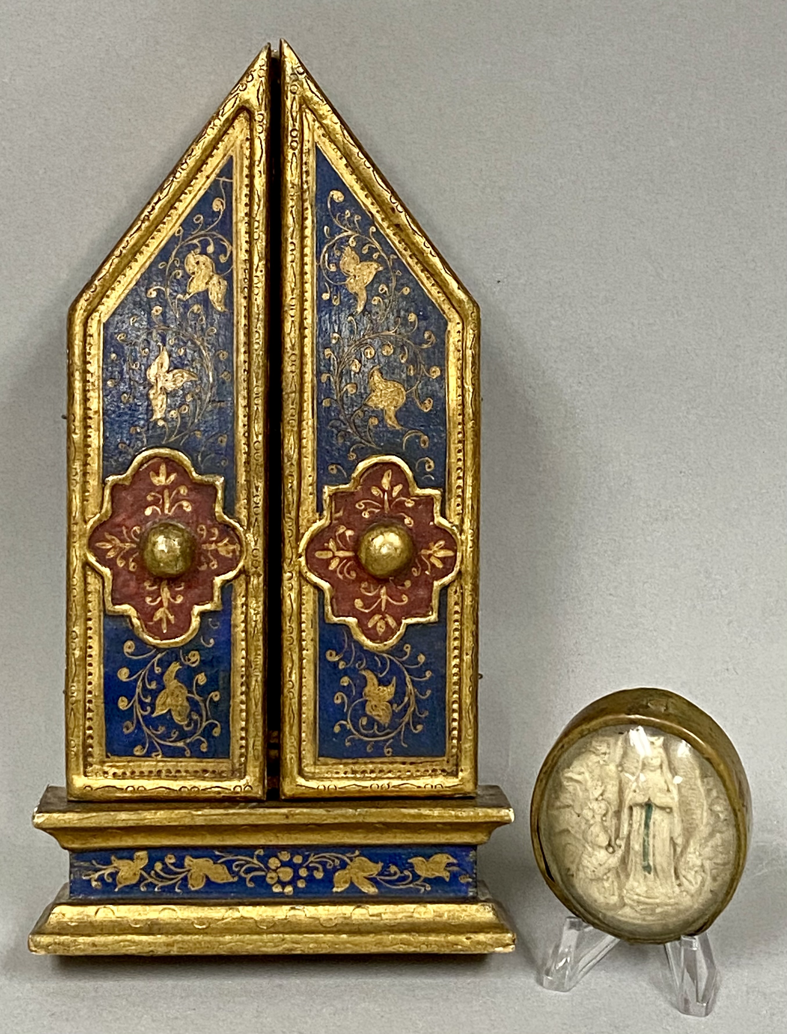 Italian Gilded Wood Triptych and Lourdes Relieff Plaque
