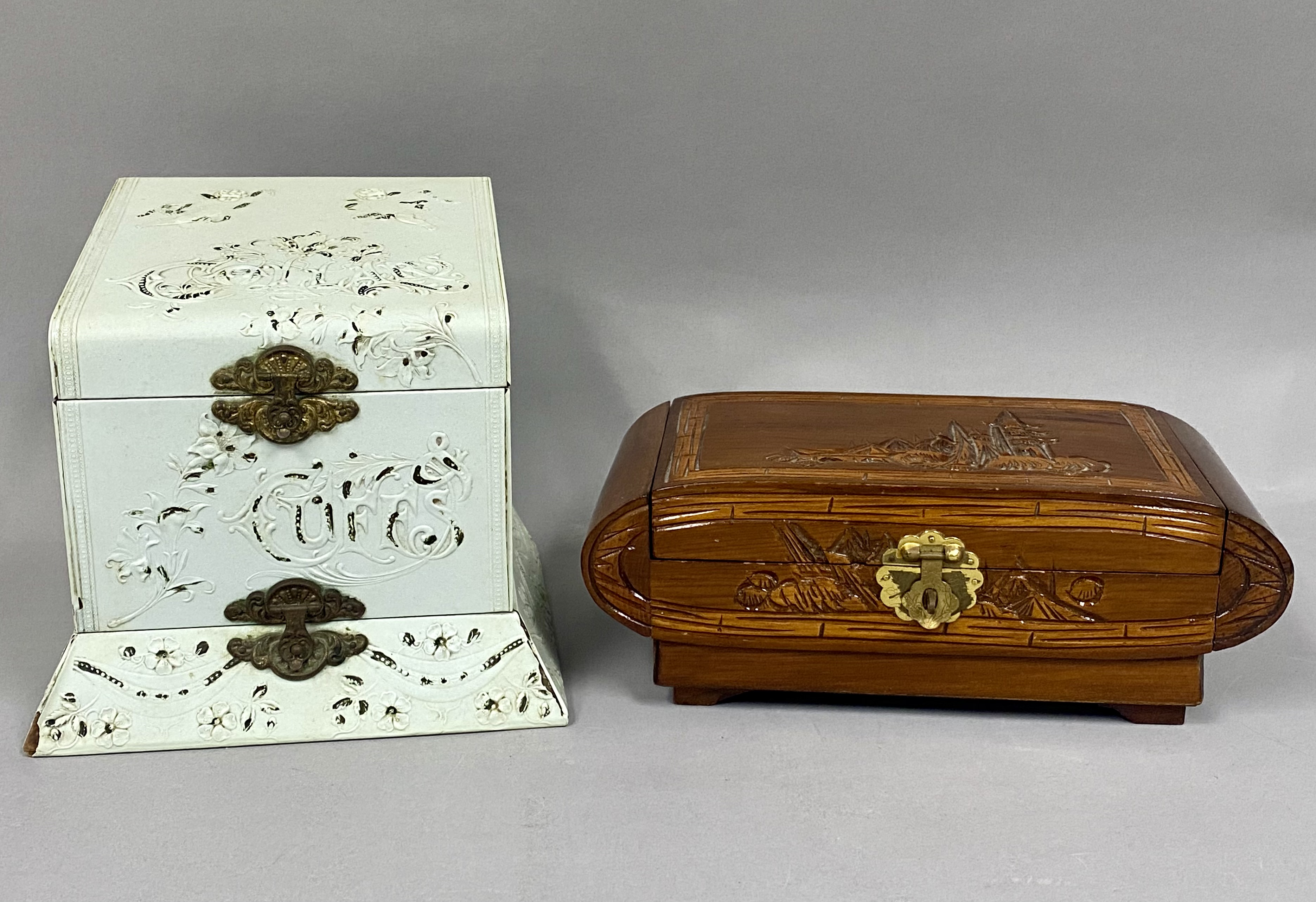 Vintage Dressing Box & Carved Wood Jewelry Box