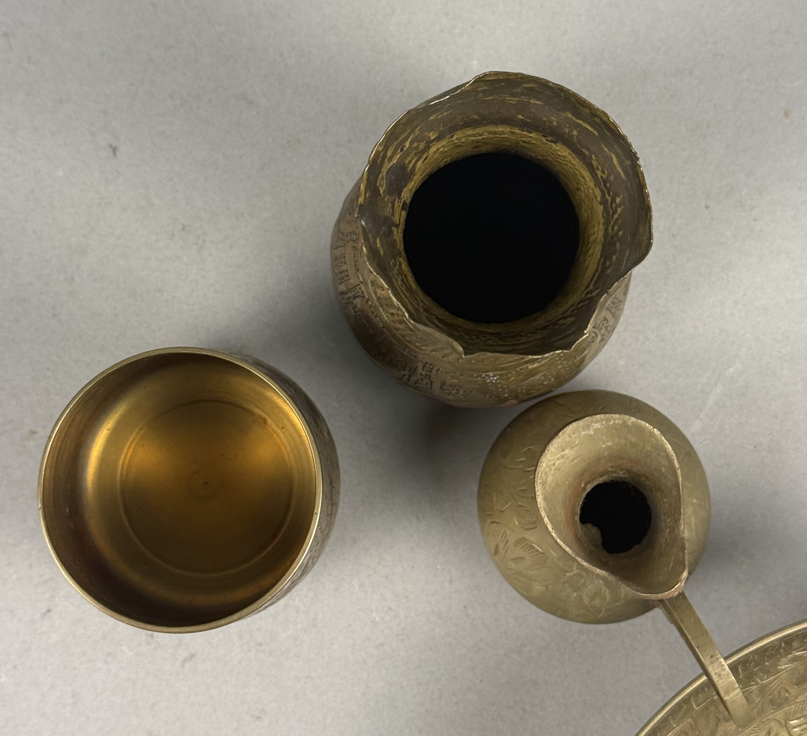 Four Indian Etched Brass Vessels