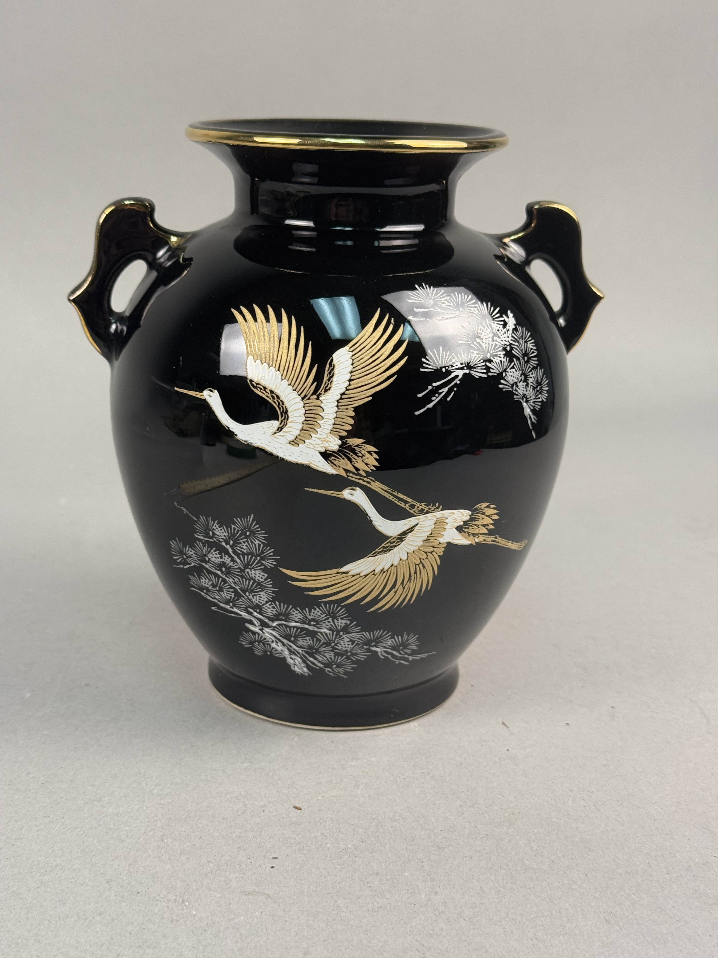 Japanese Black Glazed Porcelain Vase Crane Motif