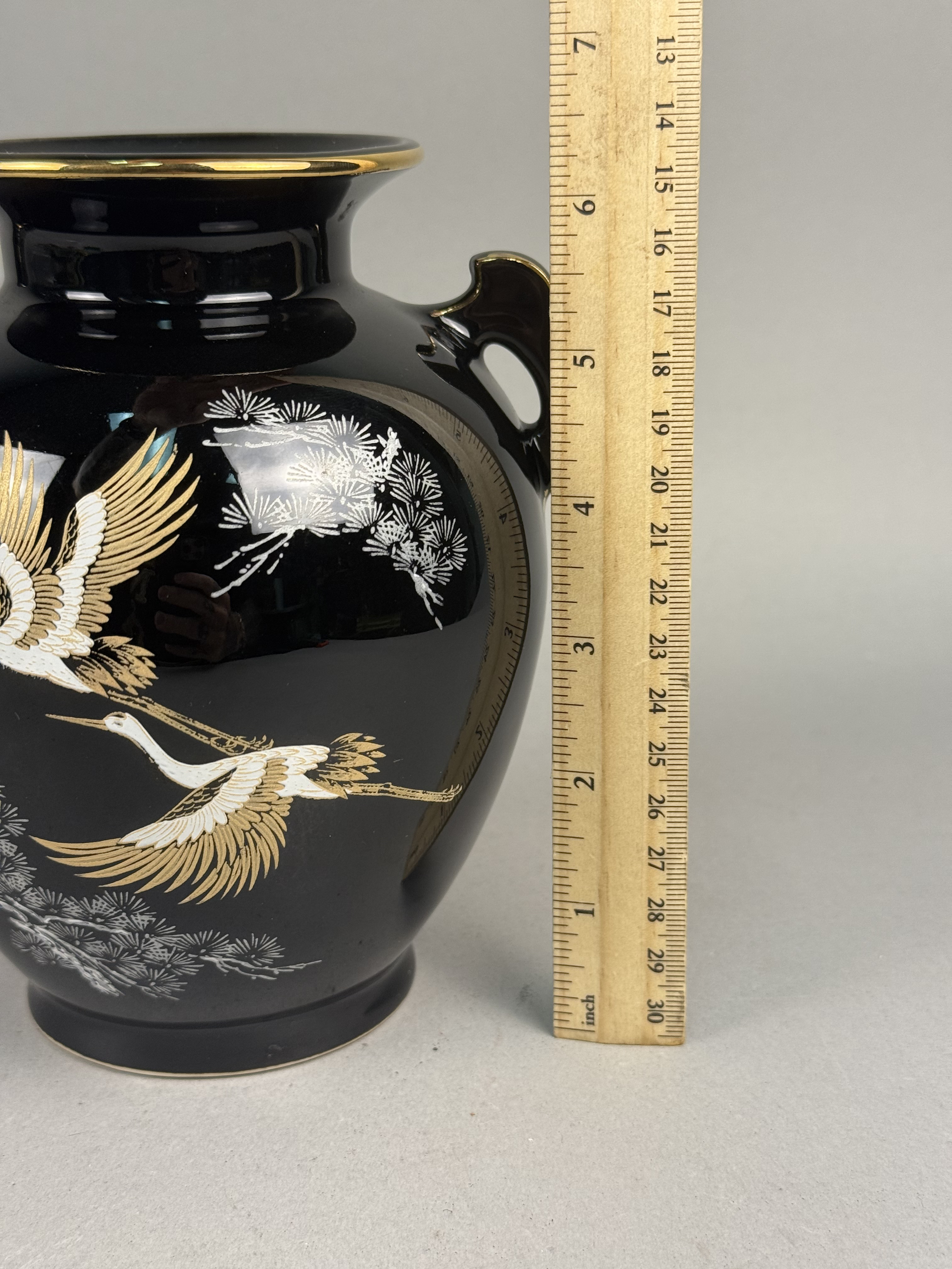 Japanese Black Glazed Porcelain Vase Crane Motif