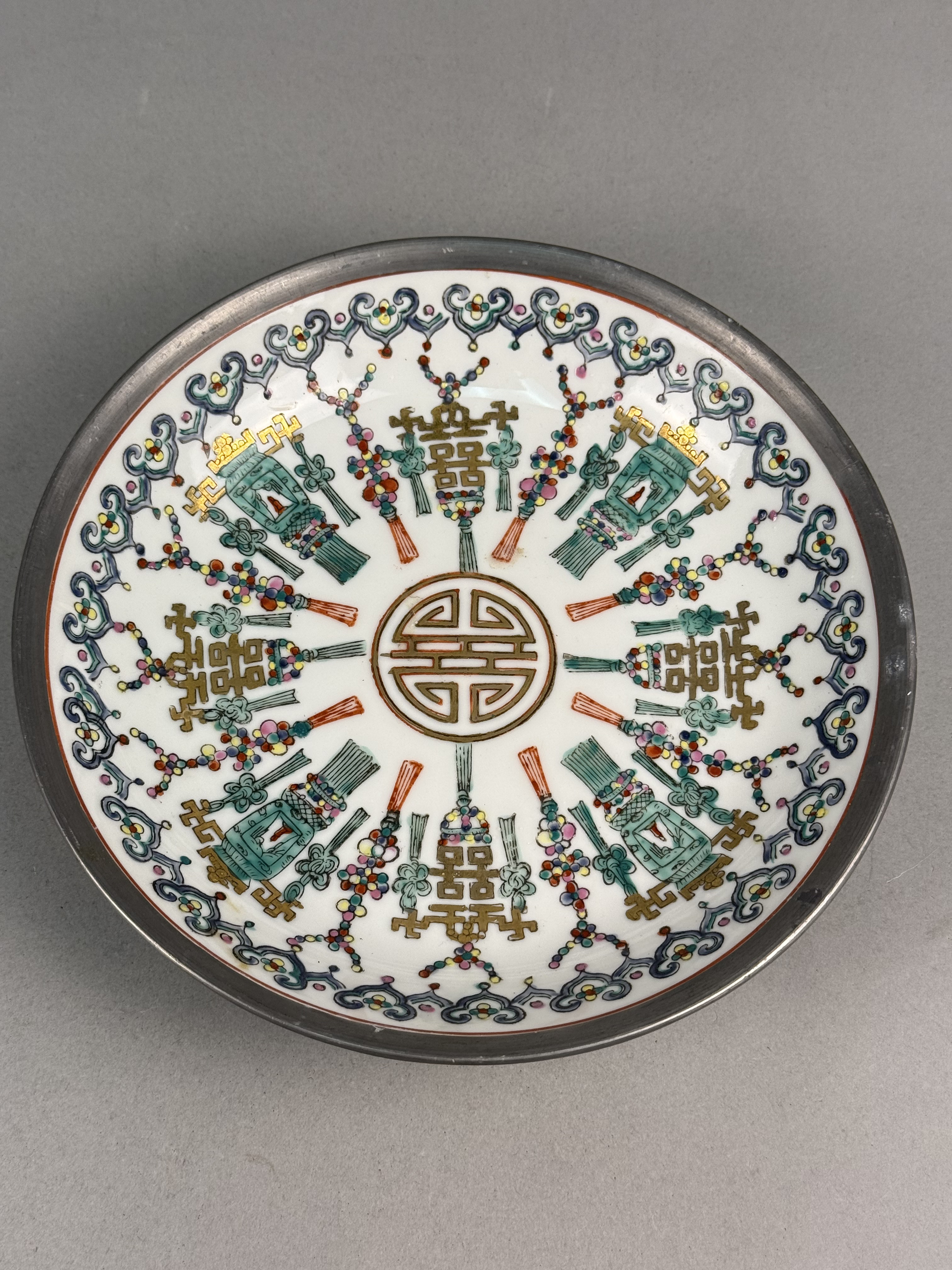 Mid-Century Pewter-Encased Japanese Porcelain Plate