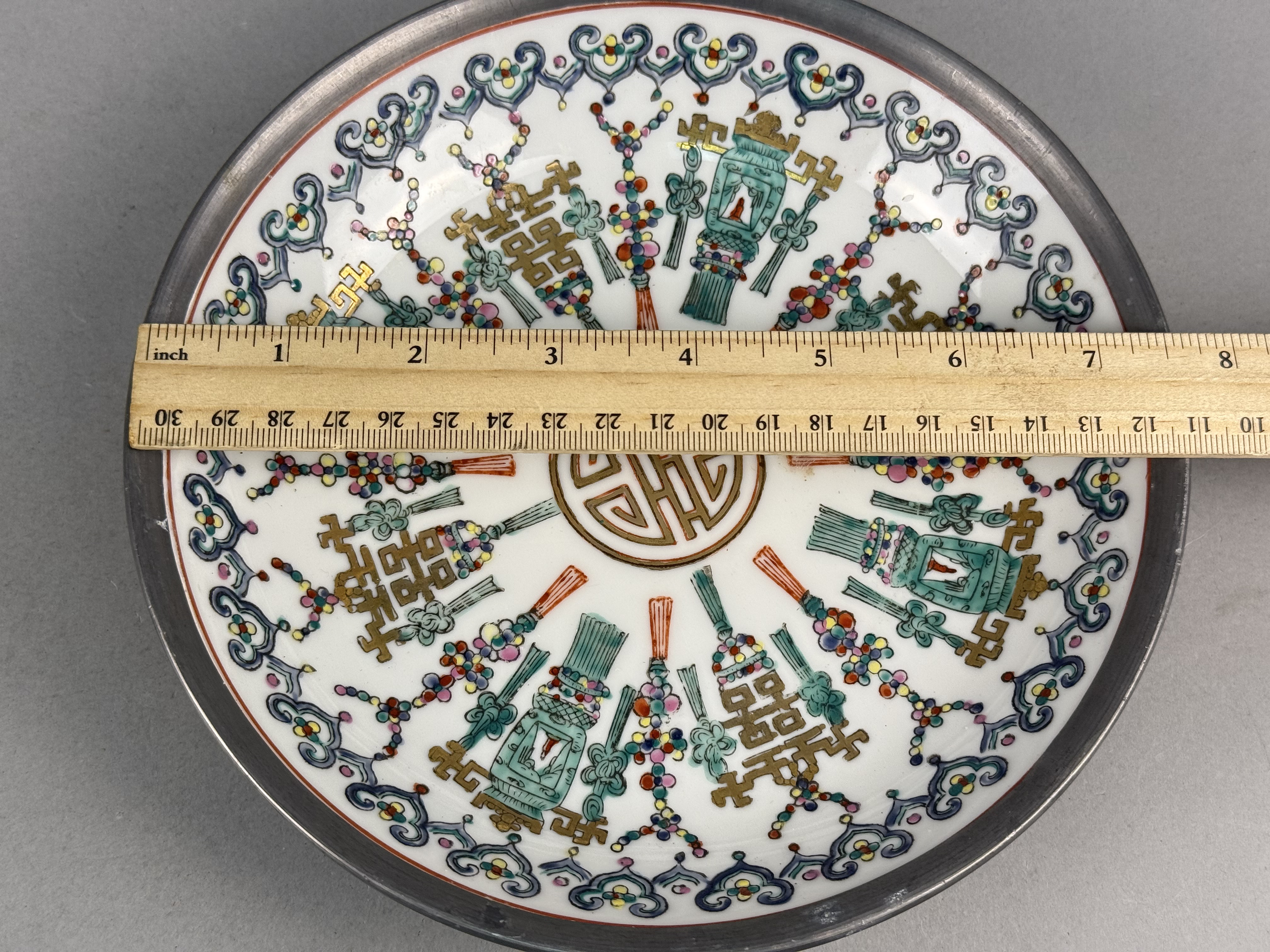 Mid-Century Pewter-Encased Japanese Porcelain Plate