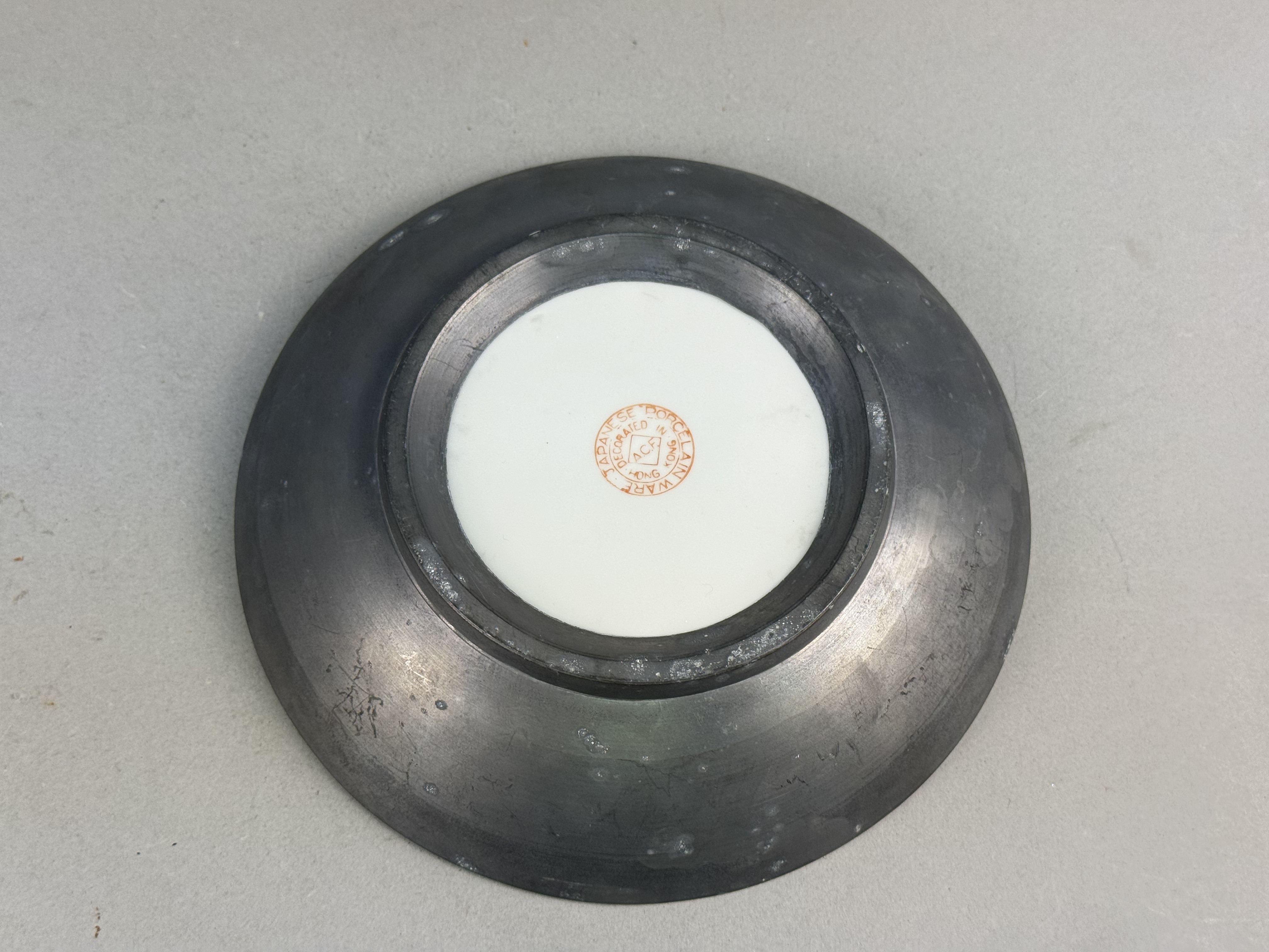 Mid-Century Pewter-Encased Japanese Porcelain Plate