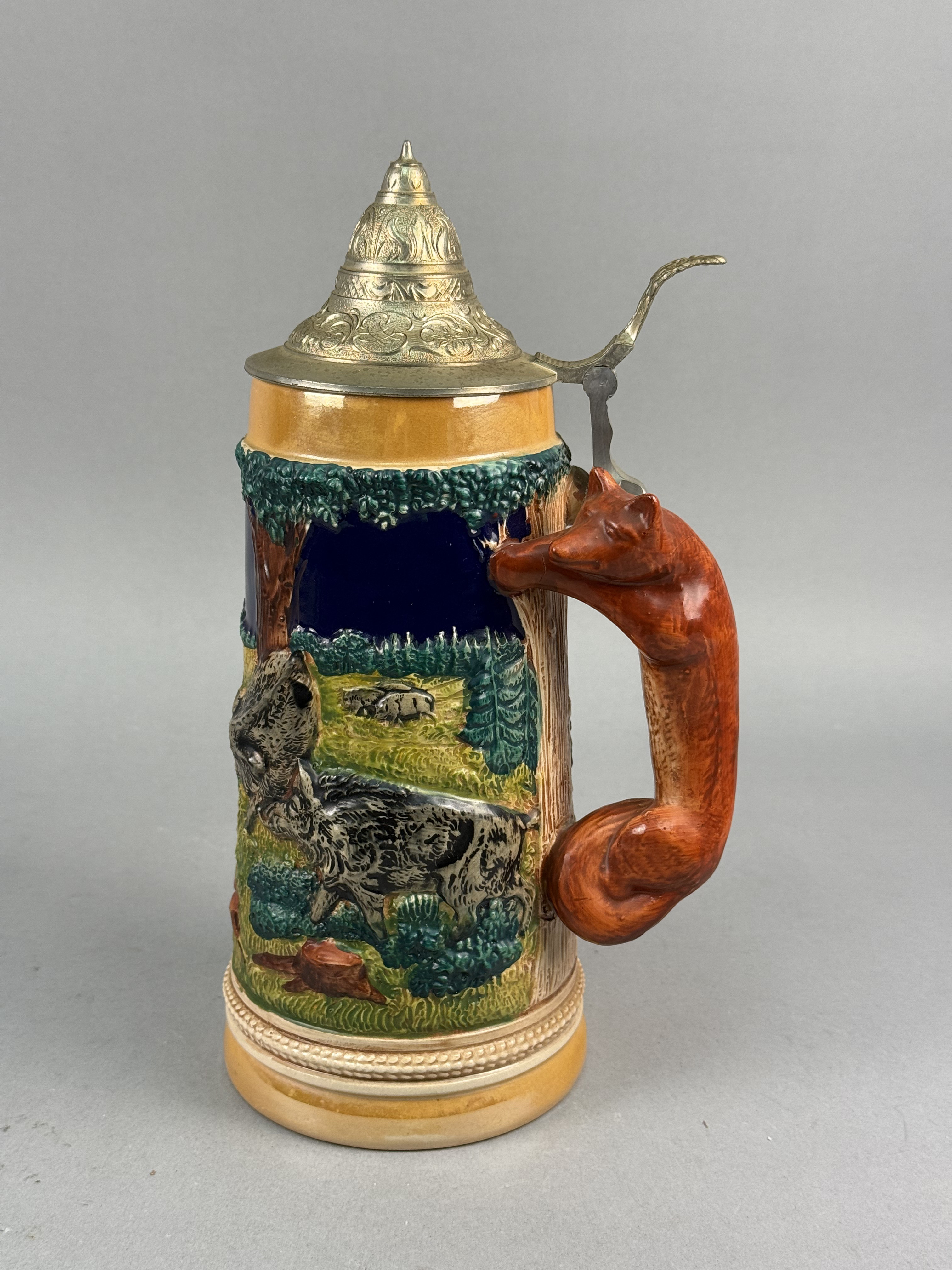 German Stoneware Hunting Beer Stein