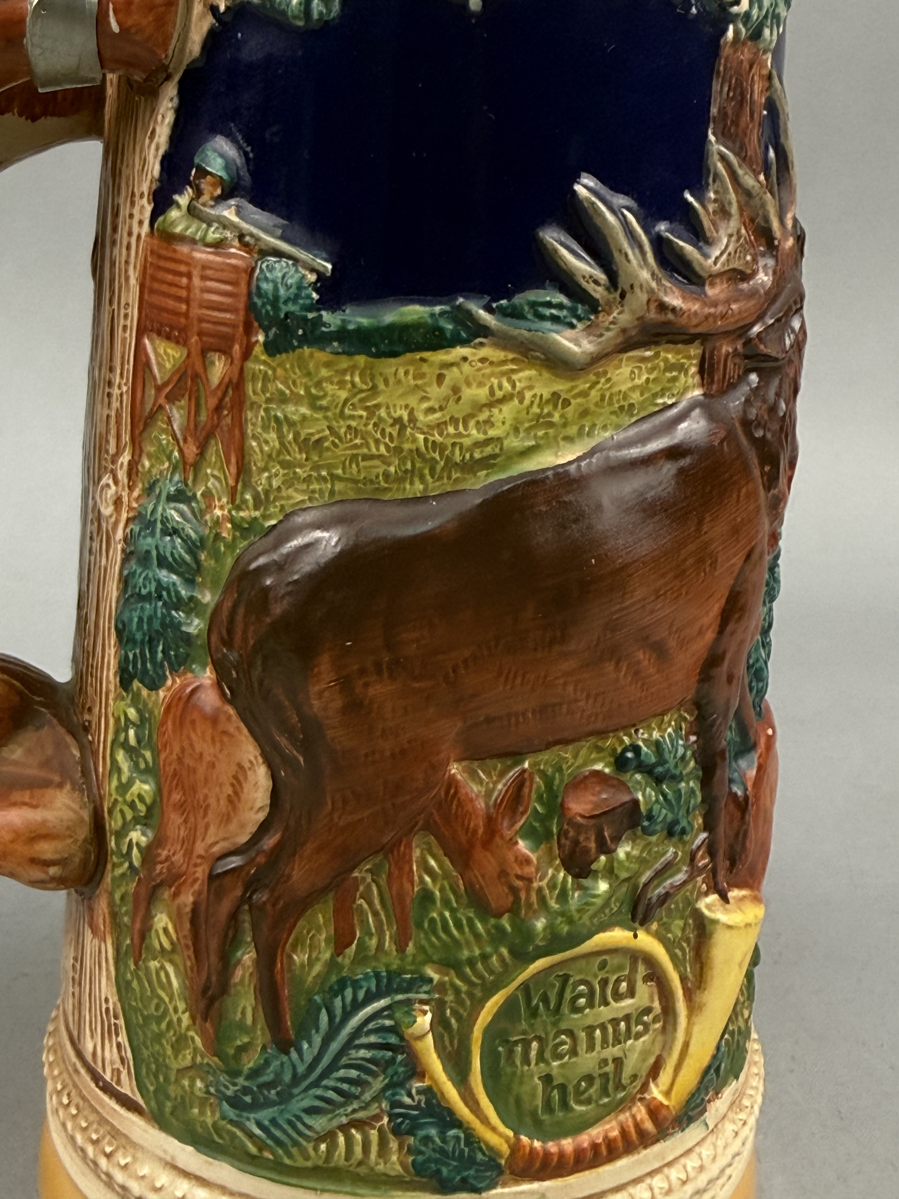 German Stoneware Hunting Beer Stein