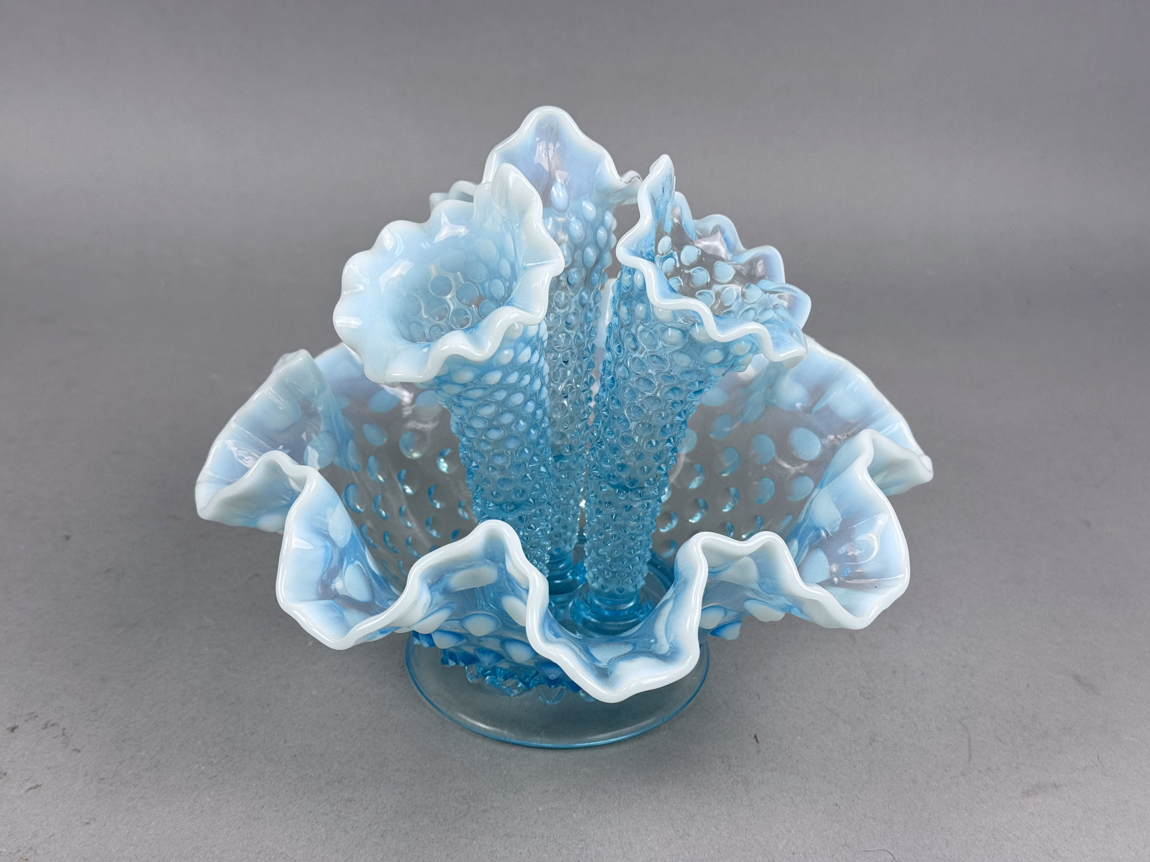 Fenton Blue Opalescent Hobnail Glass Epergne