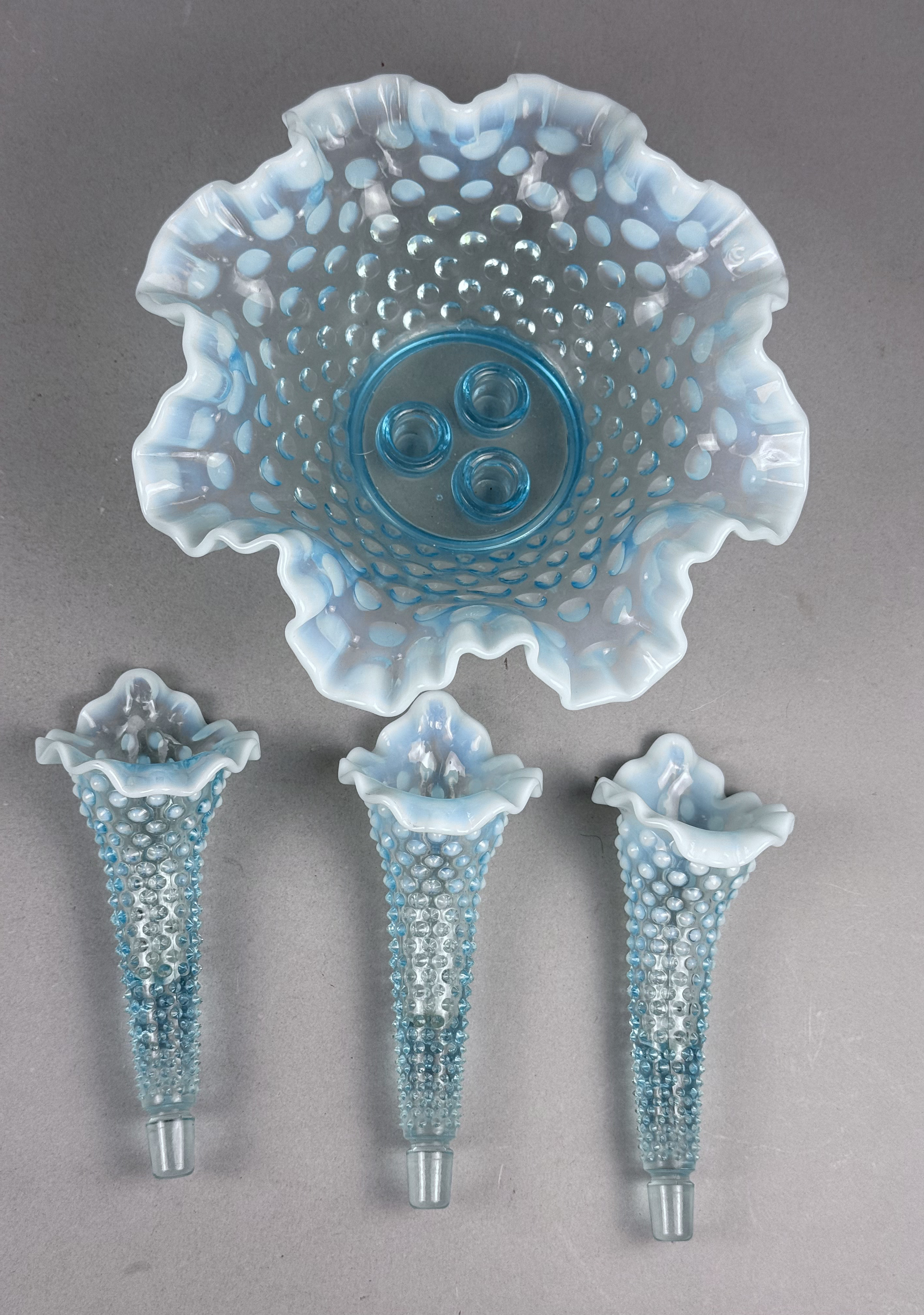 Fenton Blue Opalescent Hobnail Glass Epergne