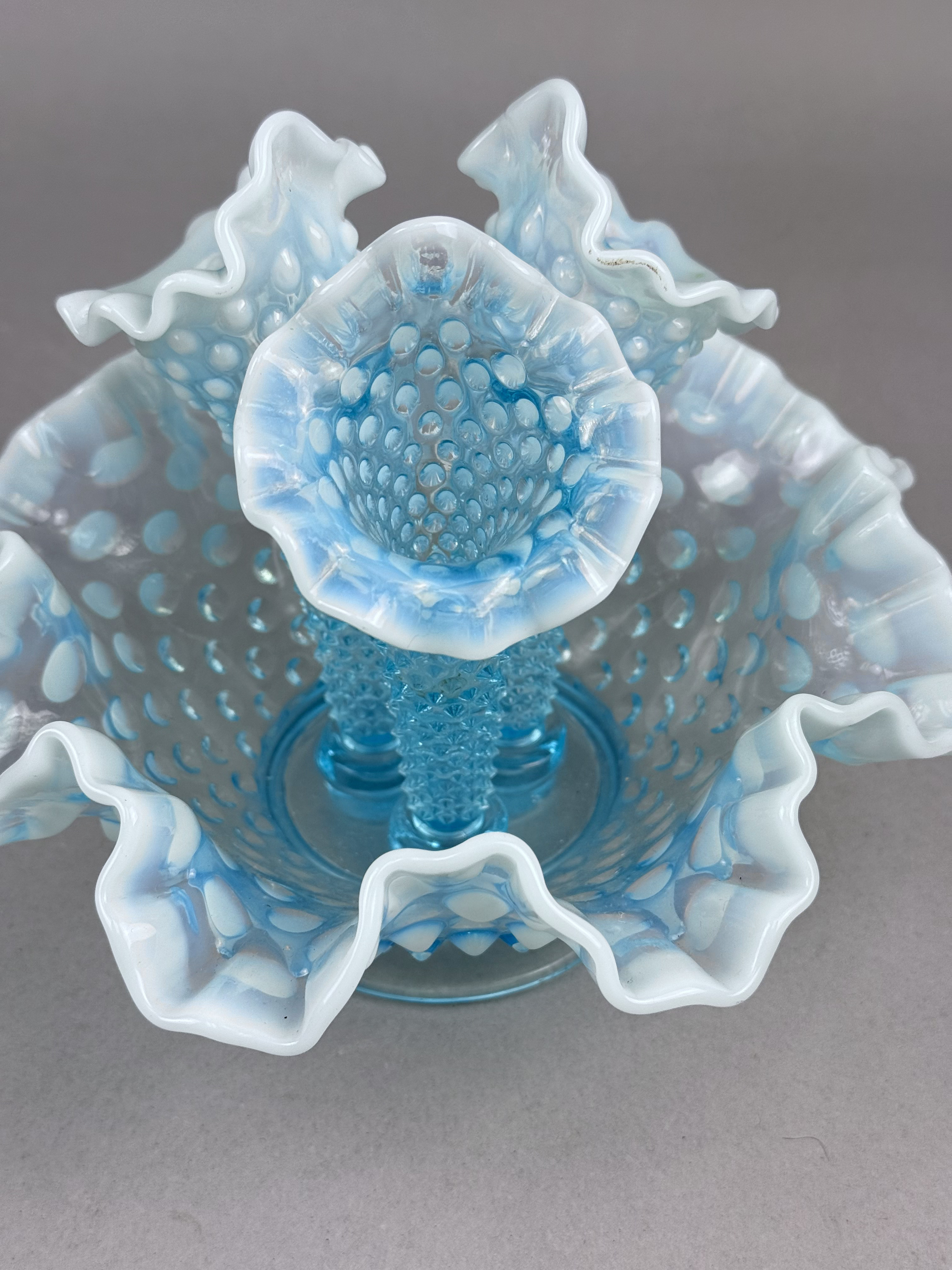Fenton Blue Opalescent Hobnail Glass Epergne