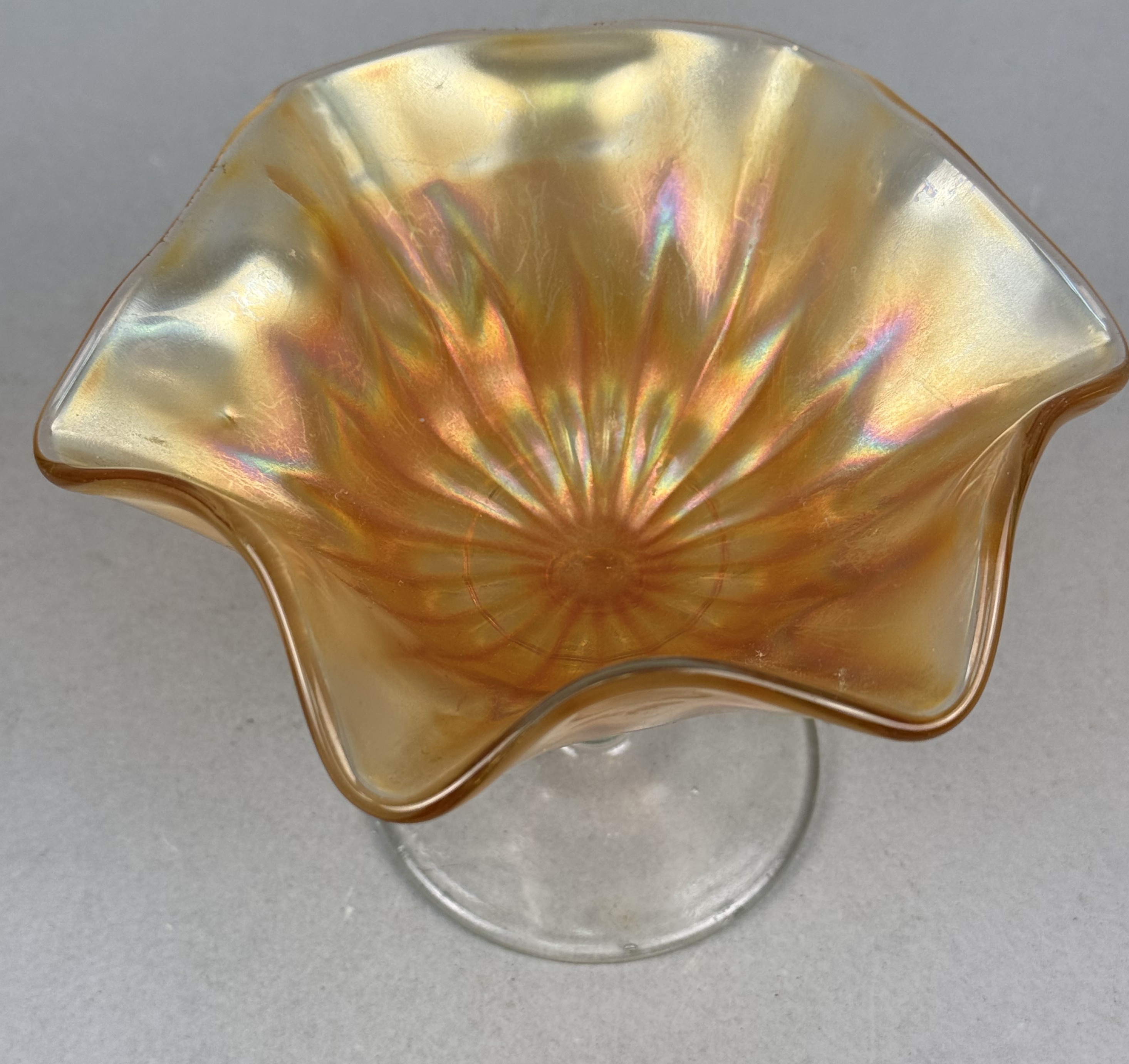 Marigold Carnival Glass Ruffled Compote
