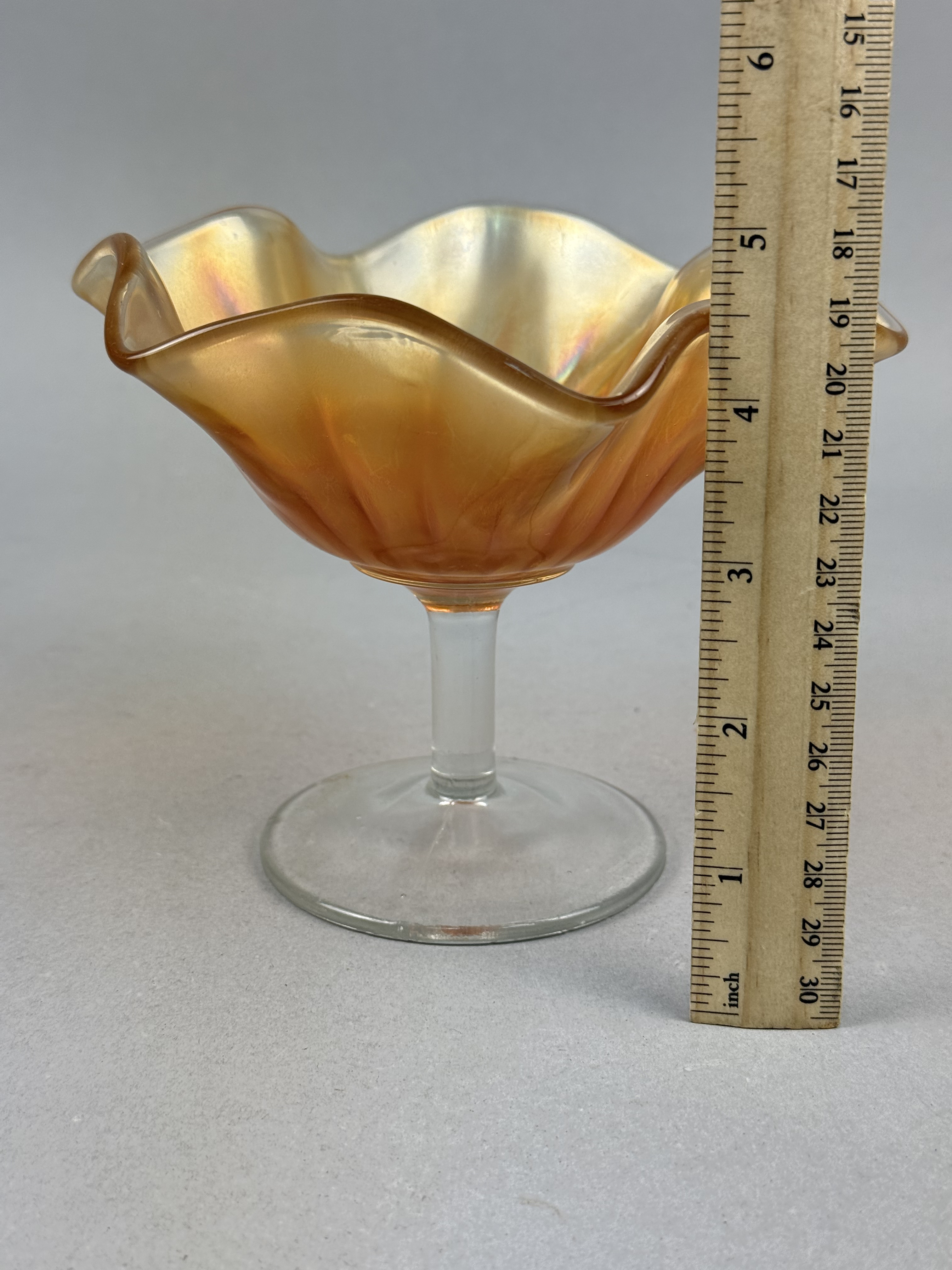 Marigold Carnival Glass Ruffled Compote