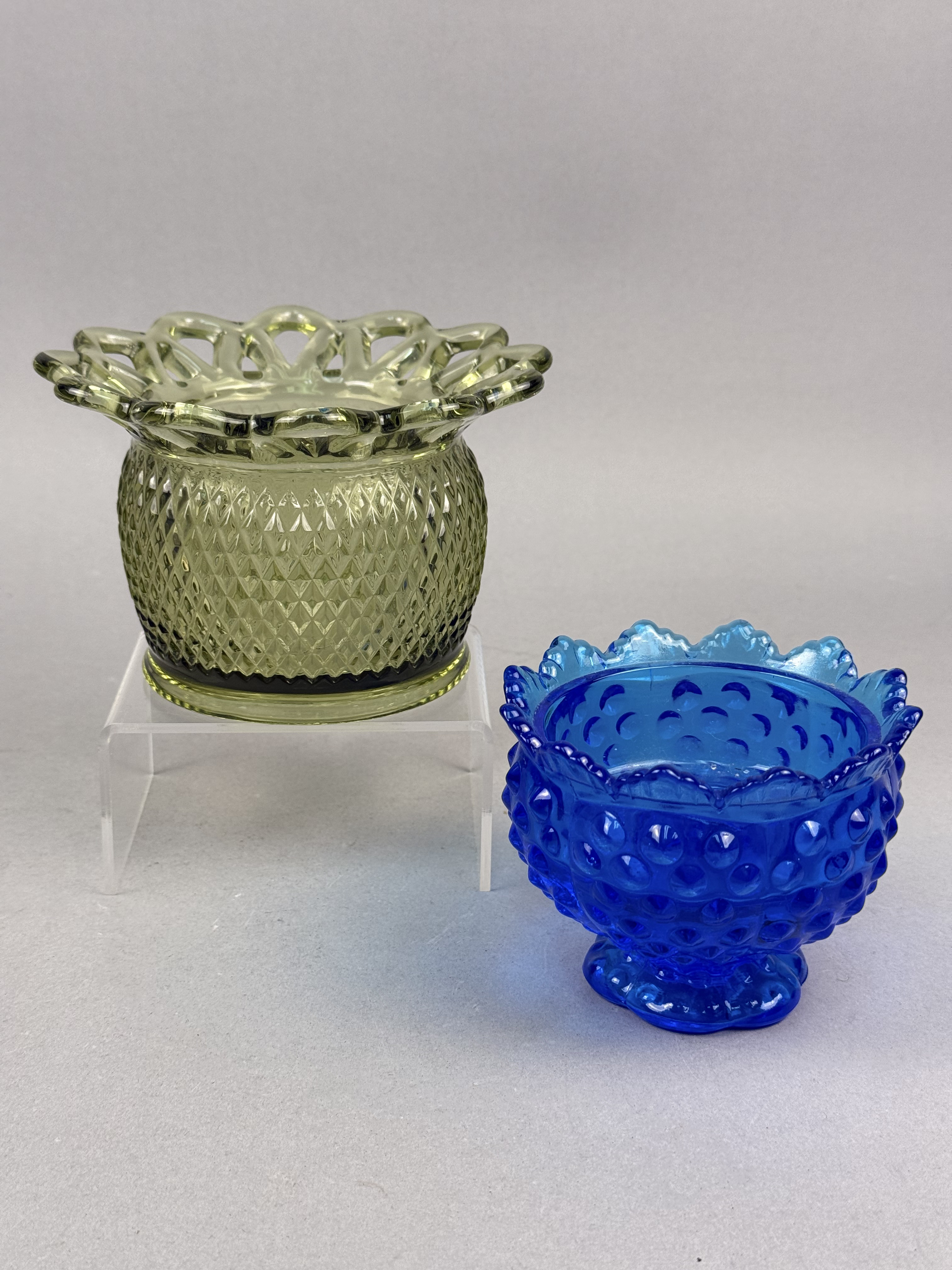 2 Pieces of Art Glass Lace Edge & Blue Hobnail Bowl