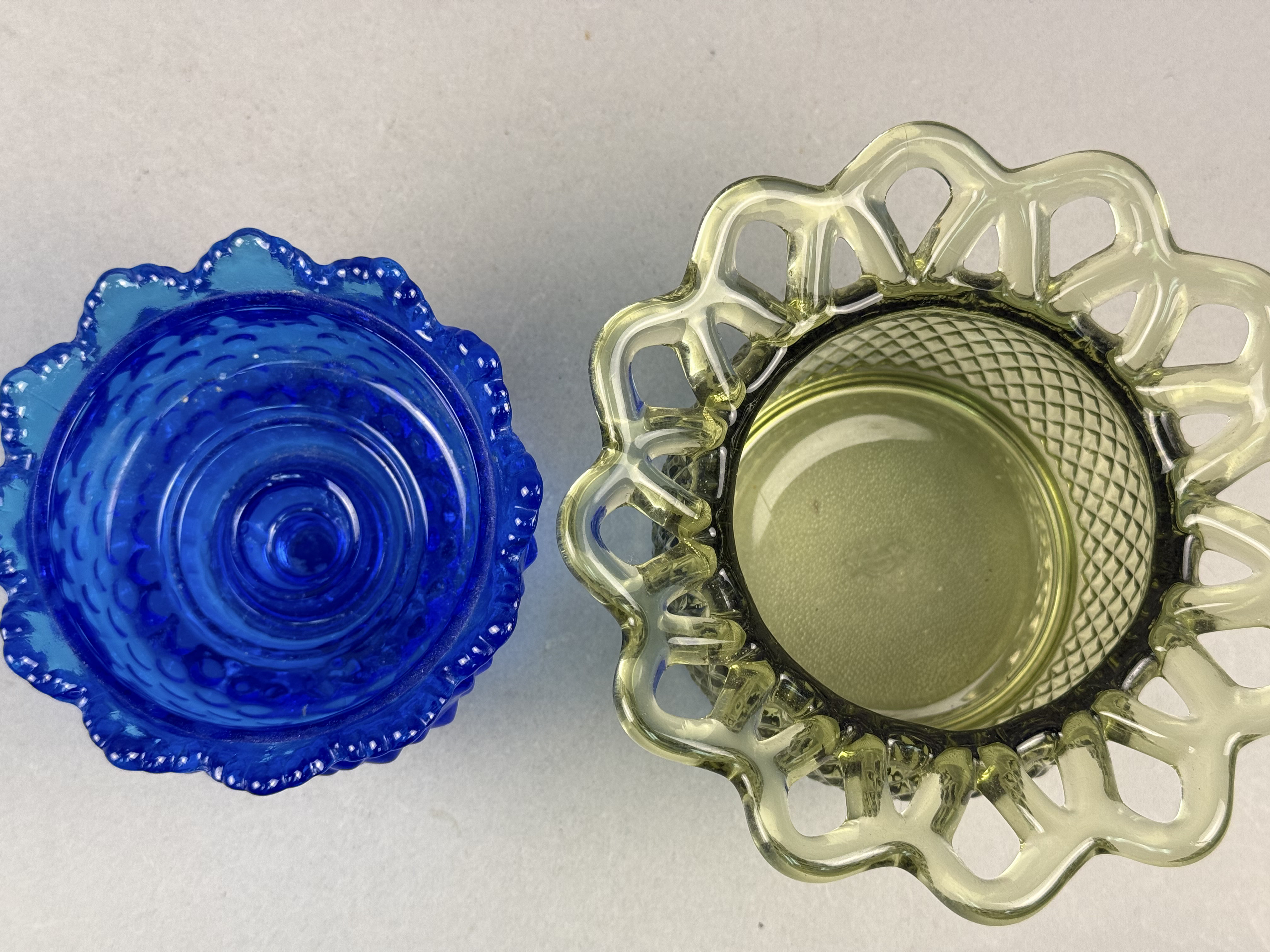 2 Pieces of Art Glass Lace Edge & Blue Hobnail Bowl