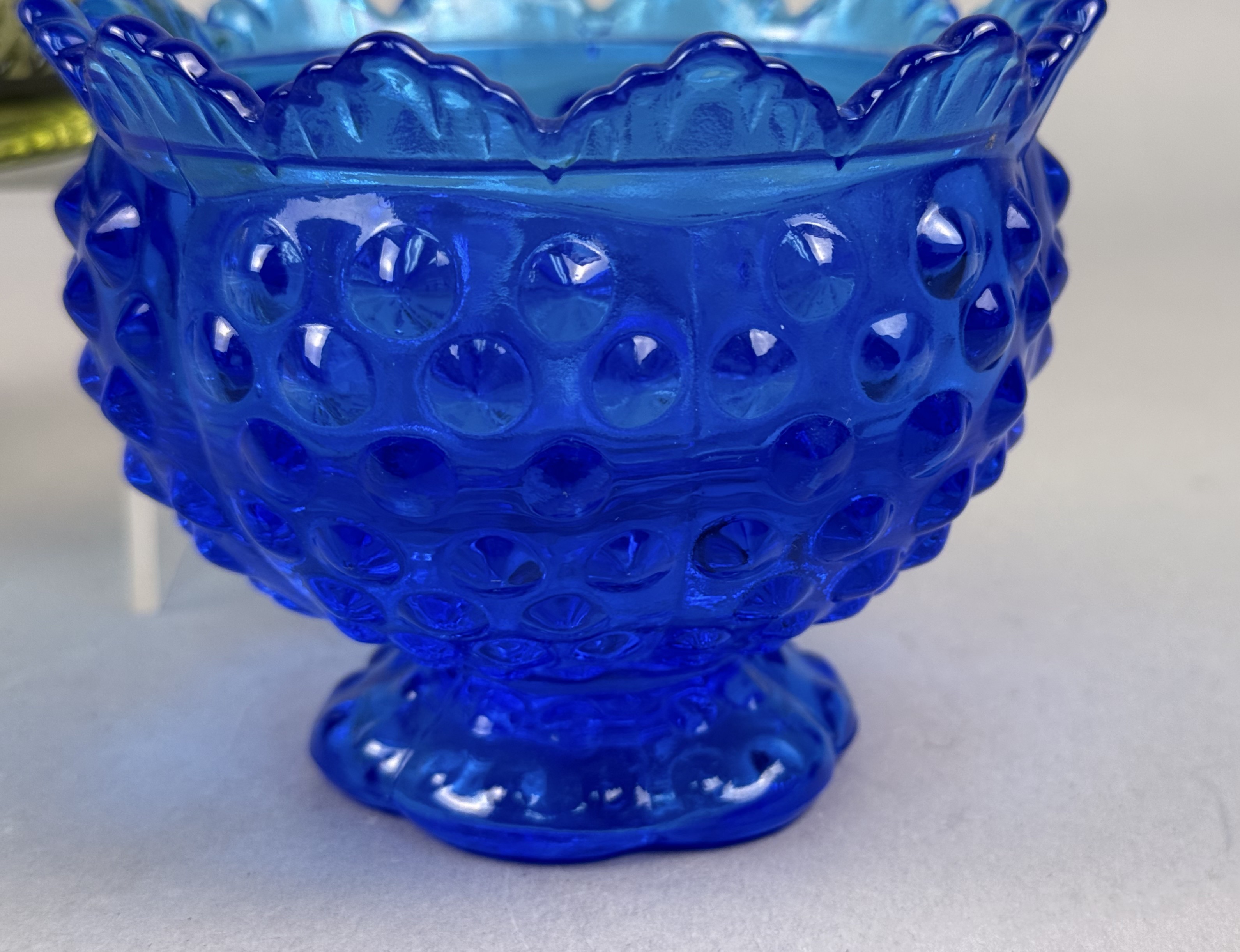 2 Pieces of Art Glass Lace Edge & Blue Hobnail Bowl