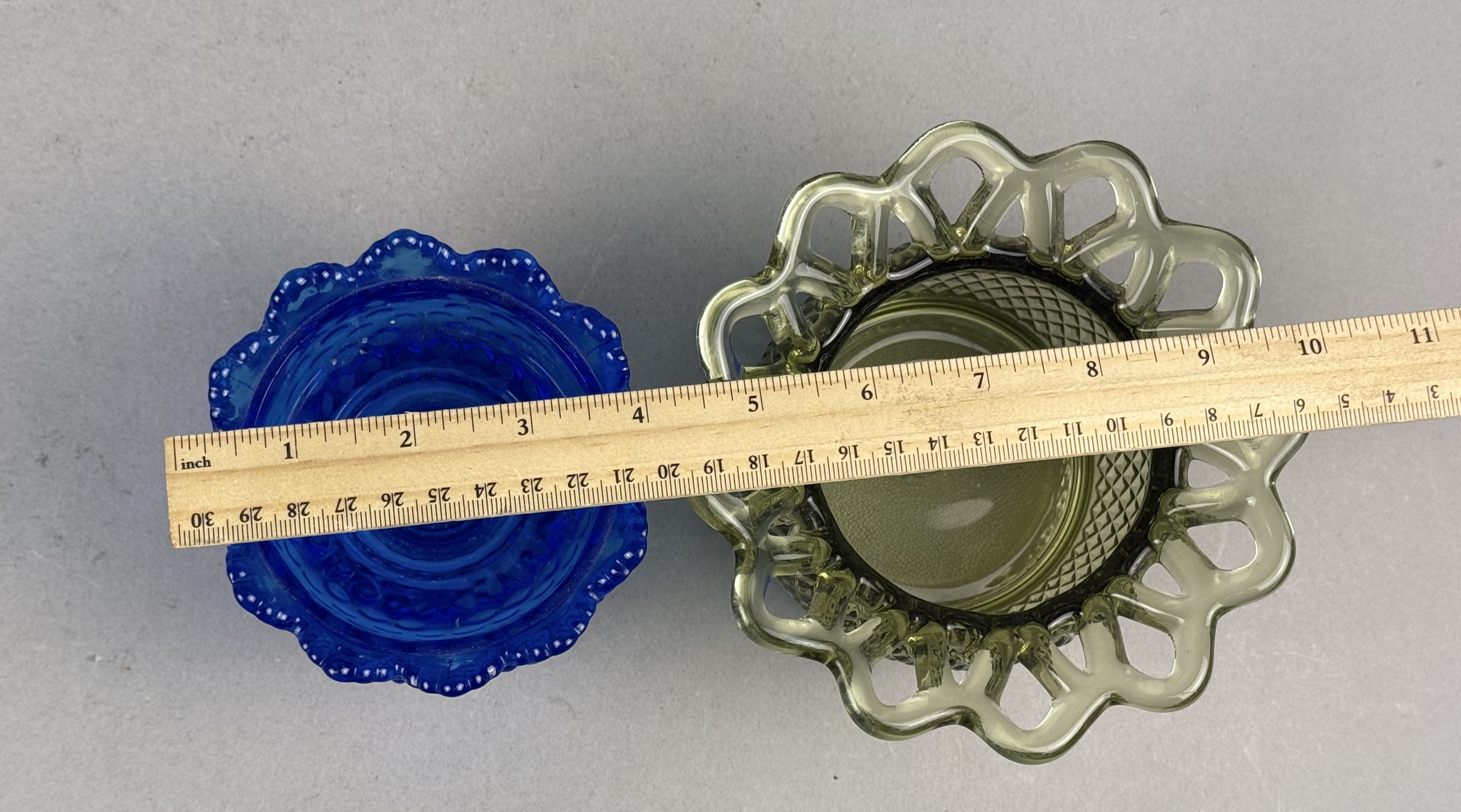2 Pieces of Art Glass Lace Edge & Blue Hobnail Bowl