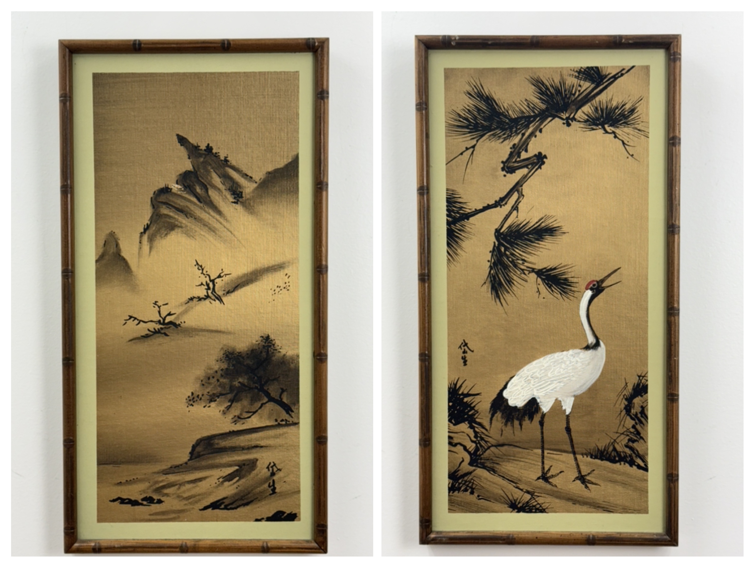 2 Japanese Style Paintings on Gold Fabric