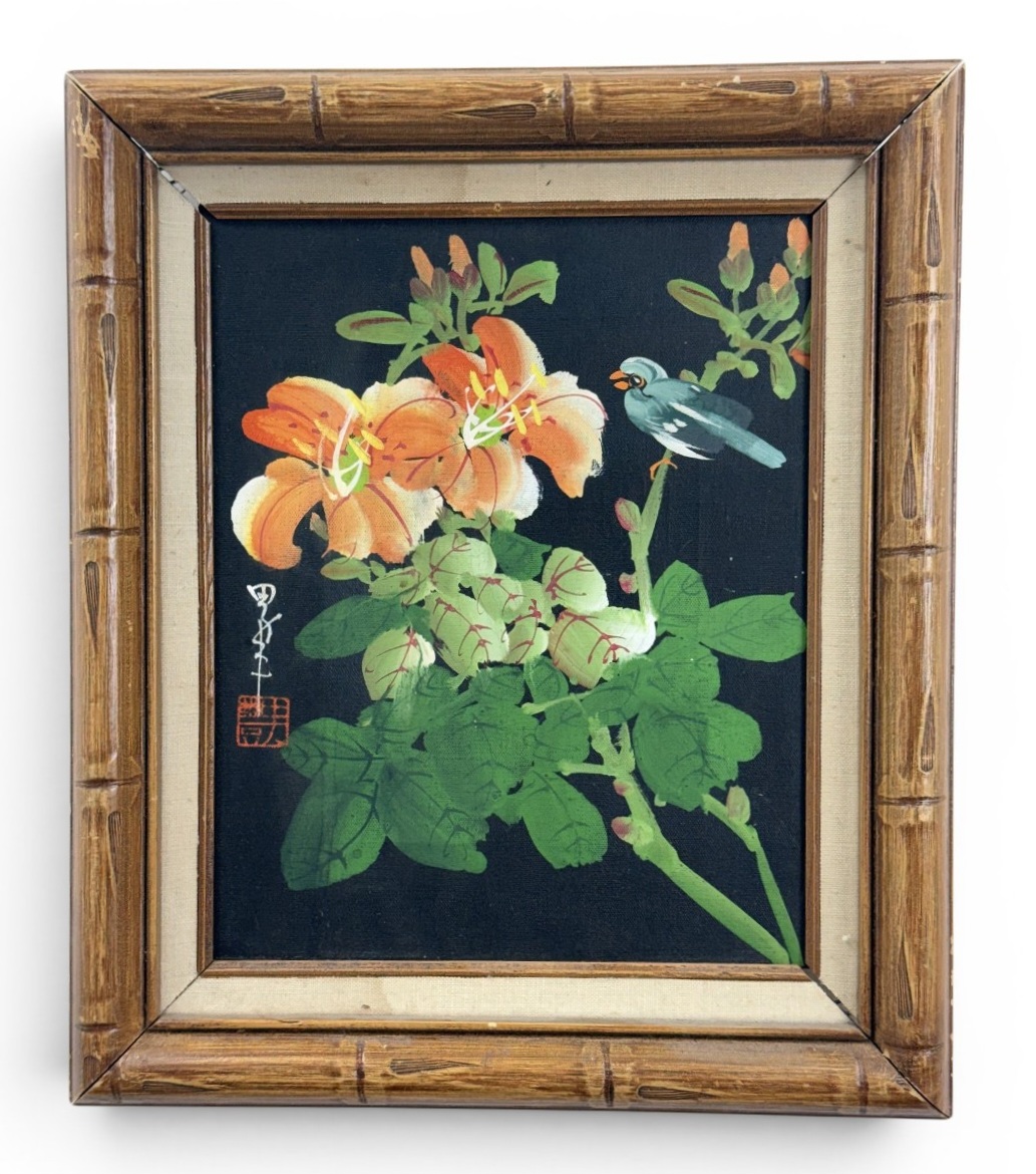 Japanese Style Oil on Canvas Bird & Lilies