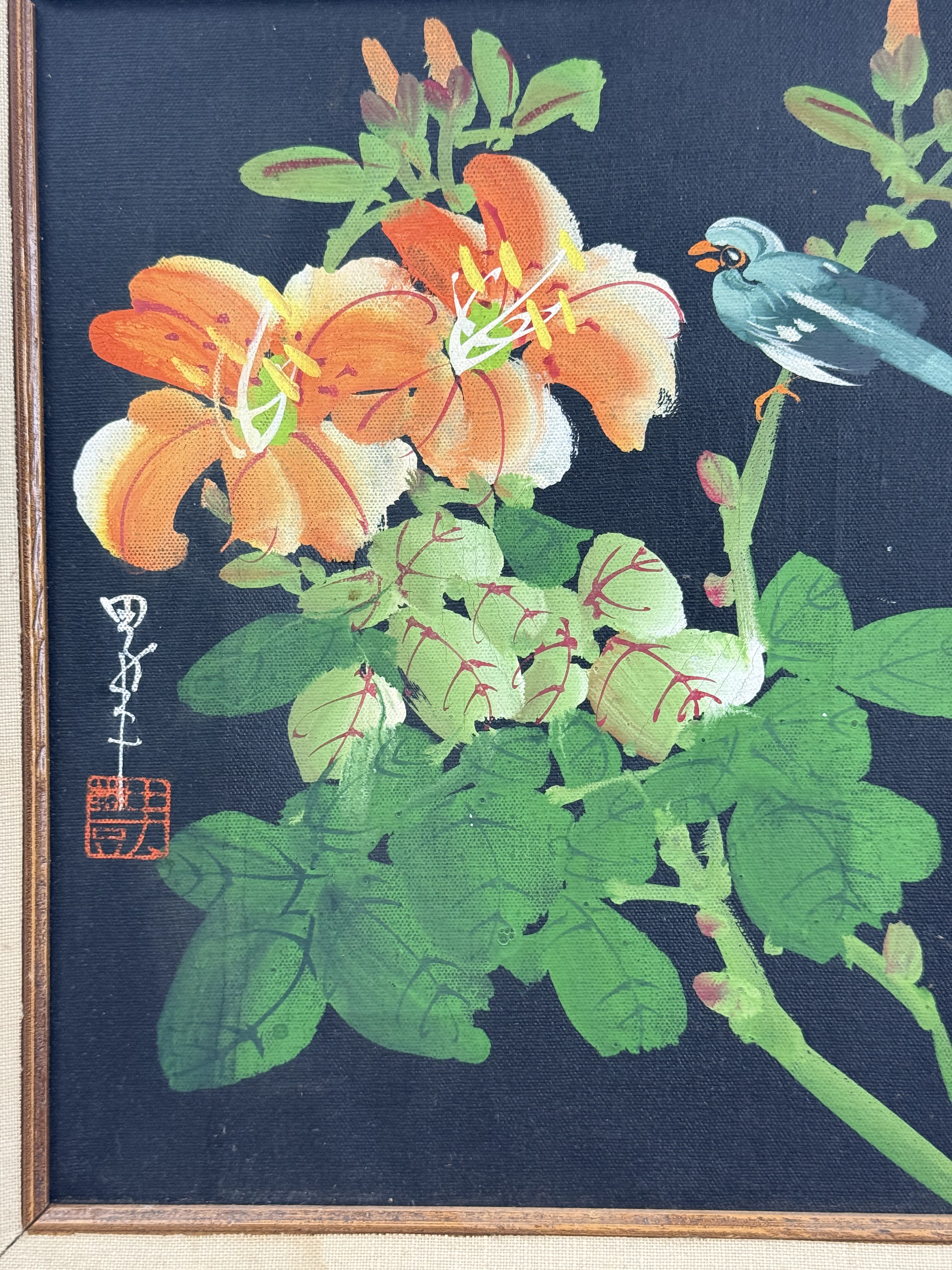 Japanese Style Oil on Canvas Bird & Lilies