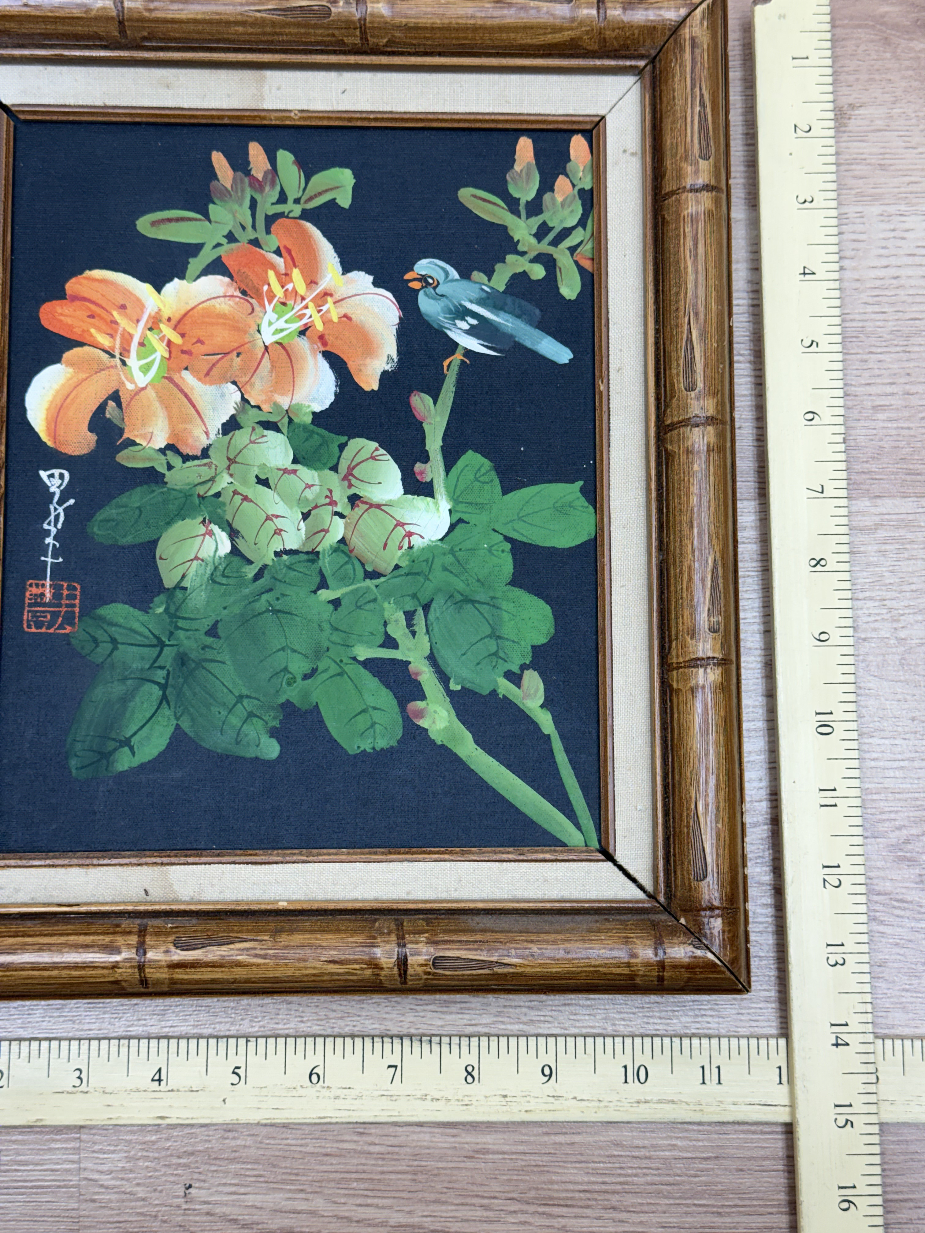 Japanese Style Oil on Canvas Bird & Lilies