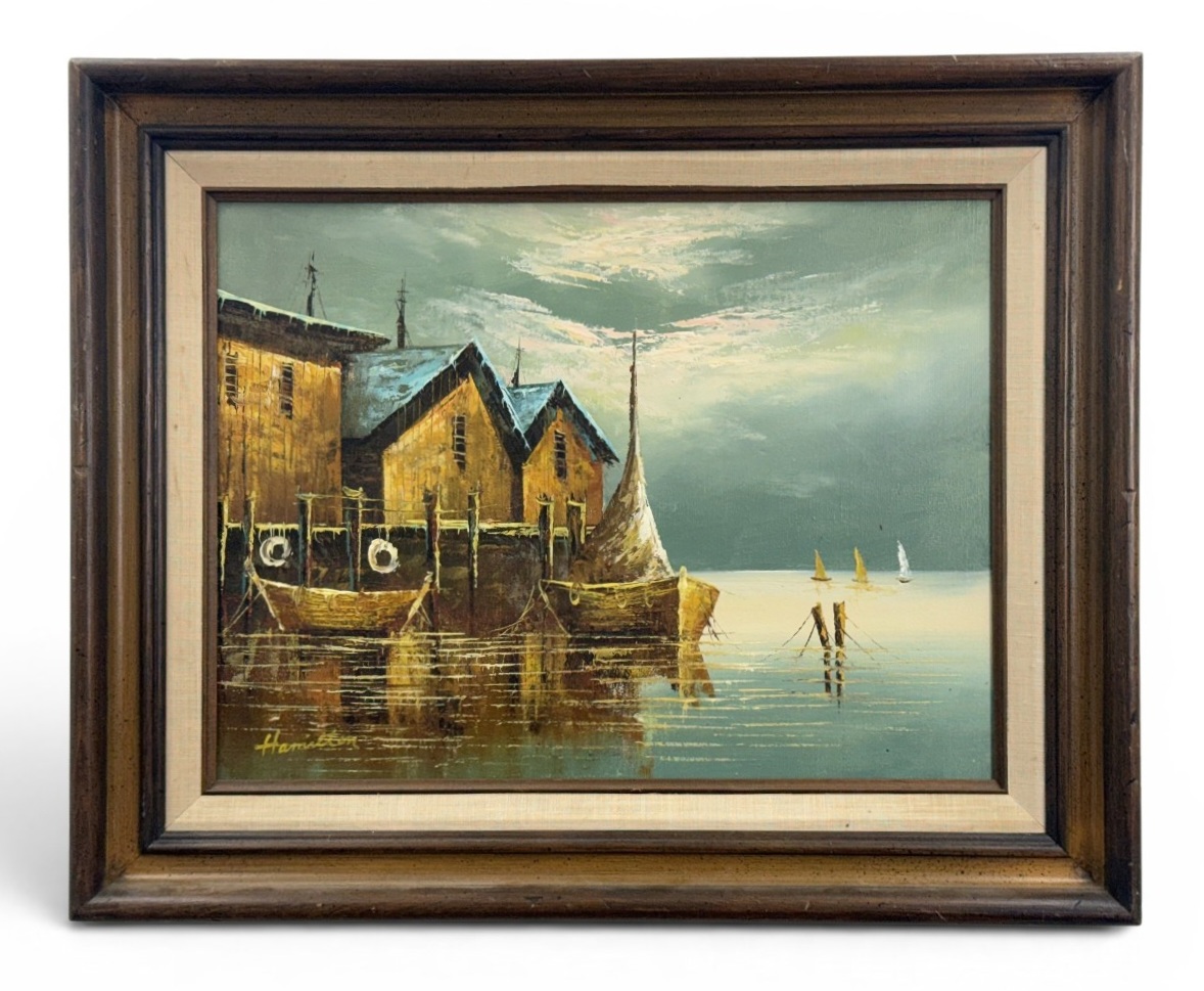 Mid-Century Harbor Scene Oil on Canvas Hamilton
