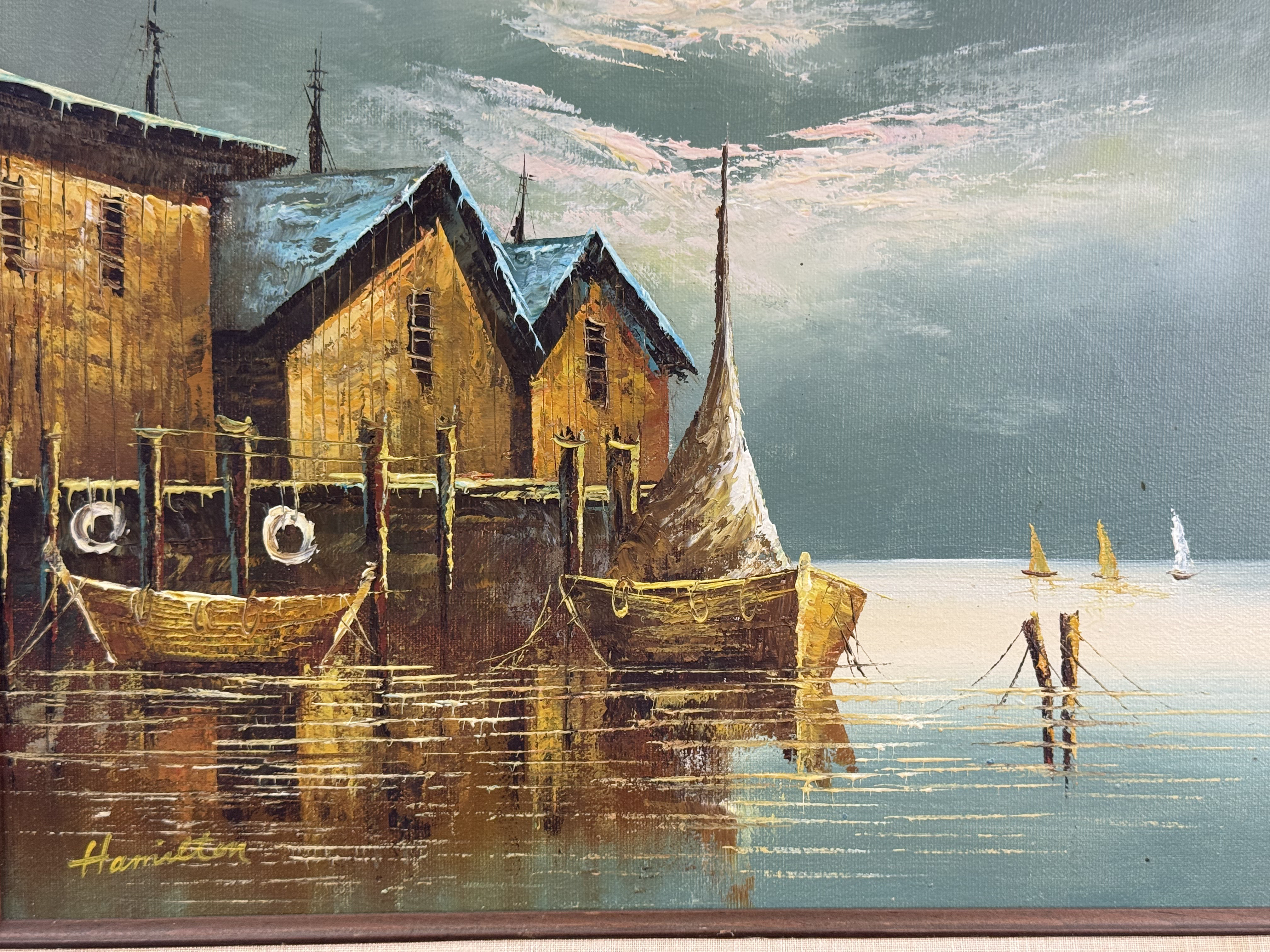 Mid-Century Harbor Scene Oil on Canvas Hamilton