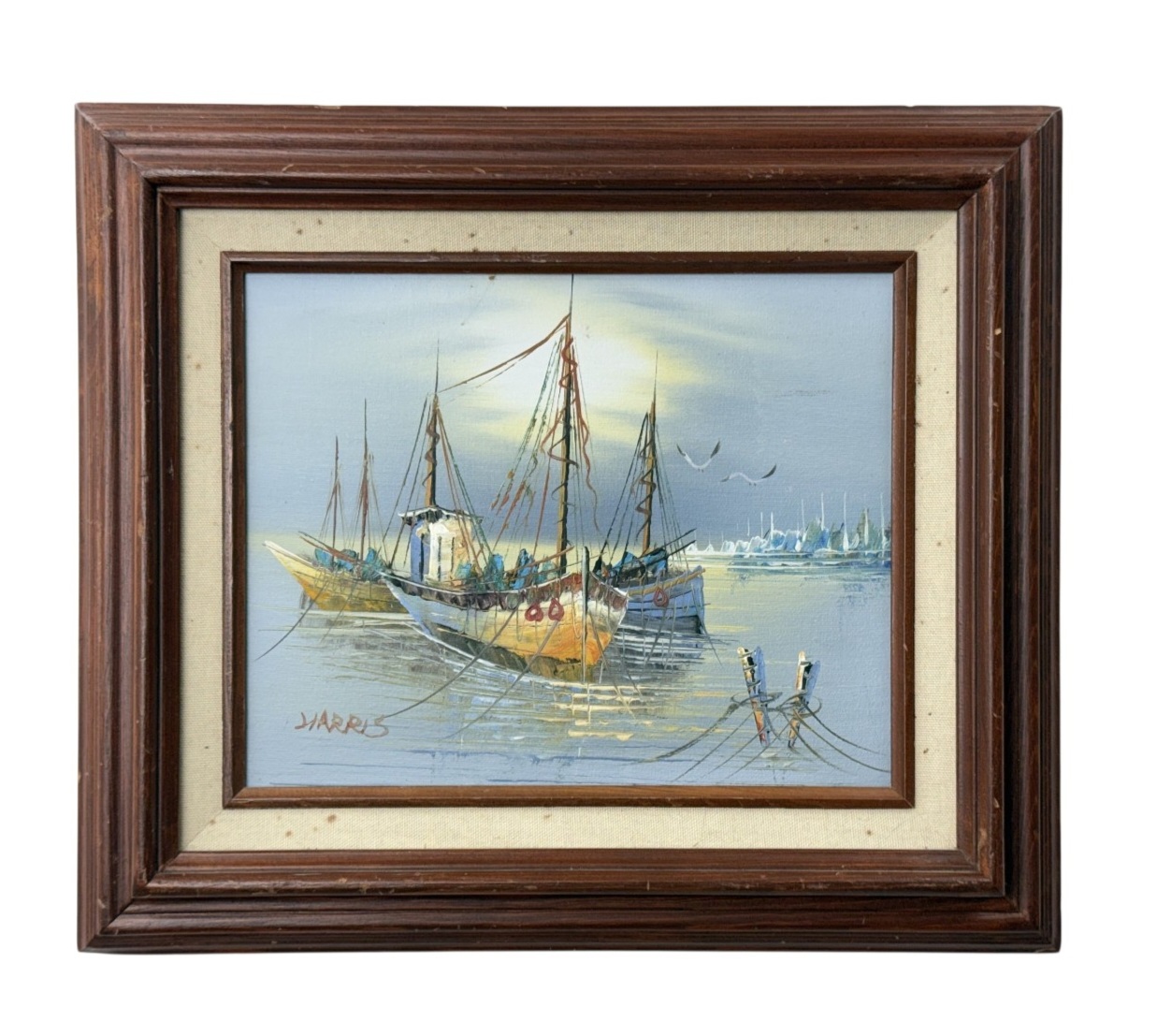 Harbor Scene with Fishing Boats Signed Harris
