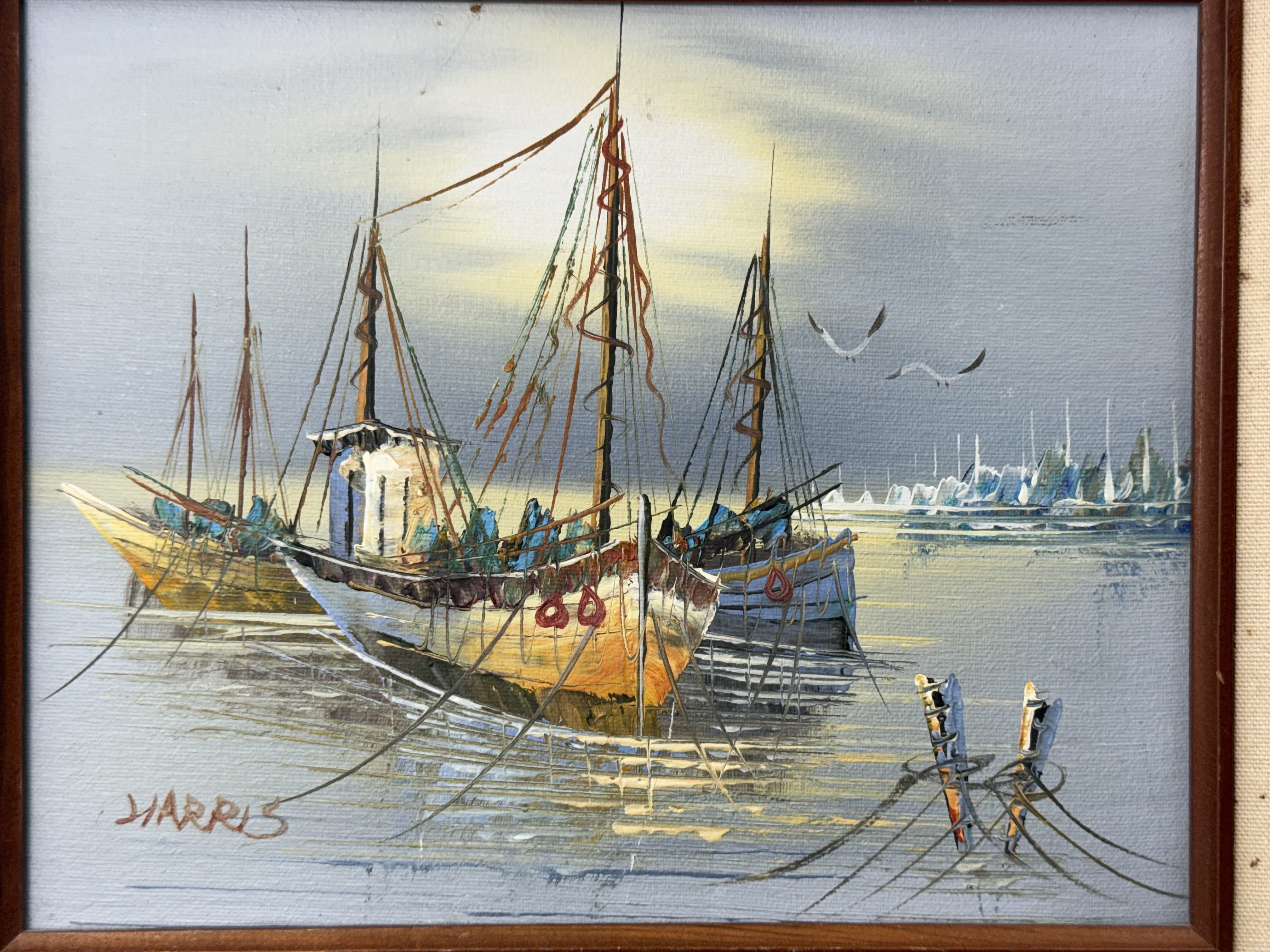 Harbor Scene with Fishing Boats Signed Harris