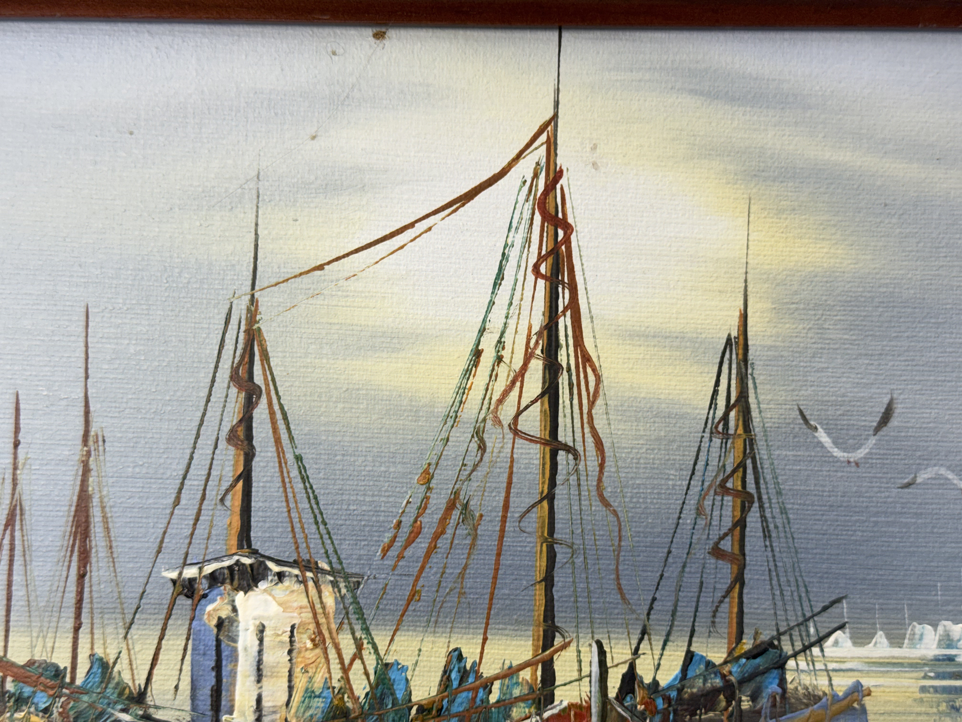Harbor Scene with Fishing Boats Signed Harris