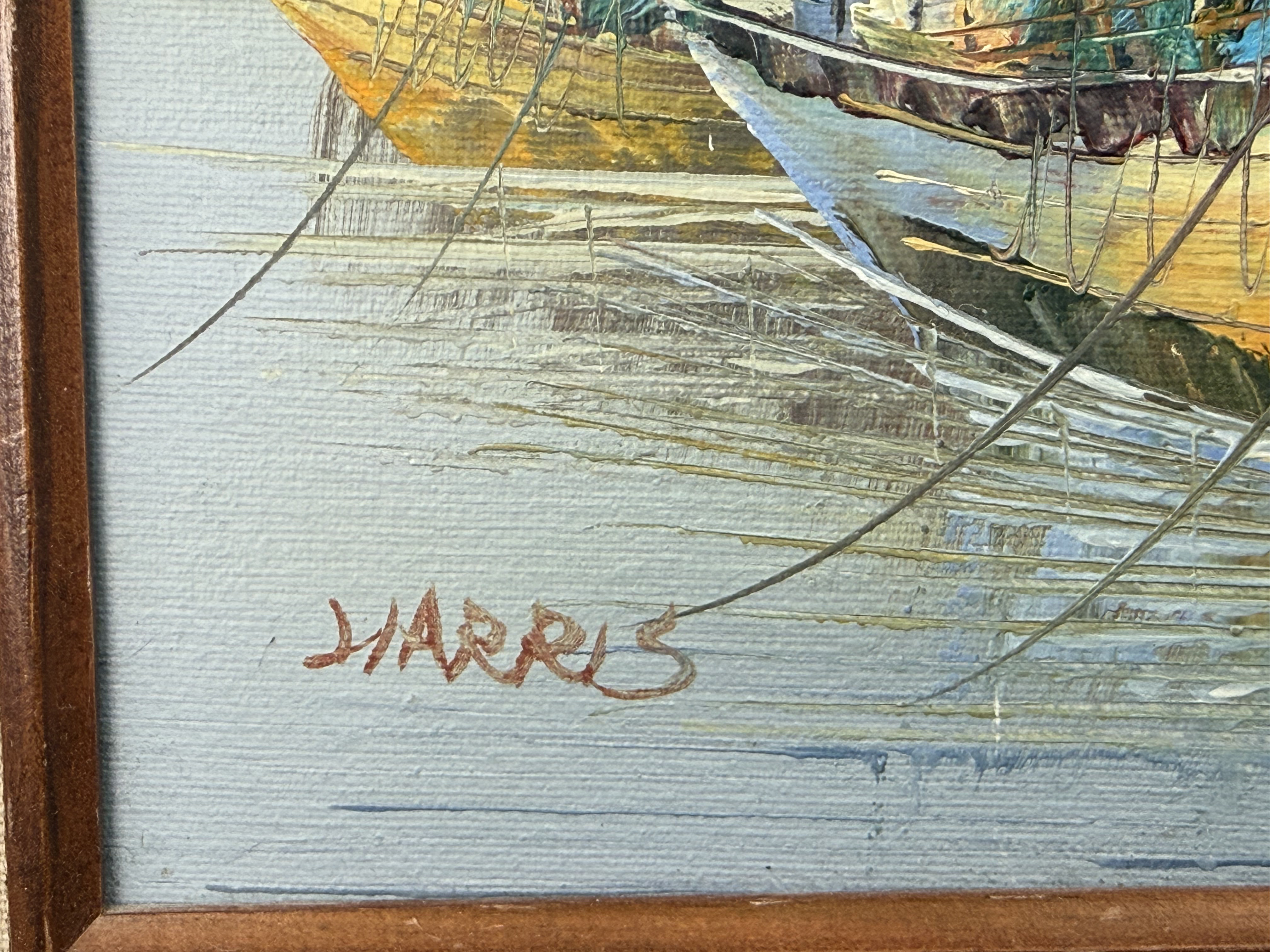 Harbor Scene with Fishing Boats Signed Harris