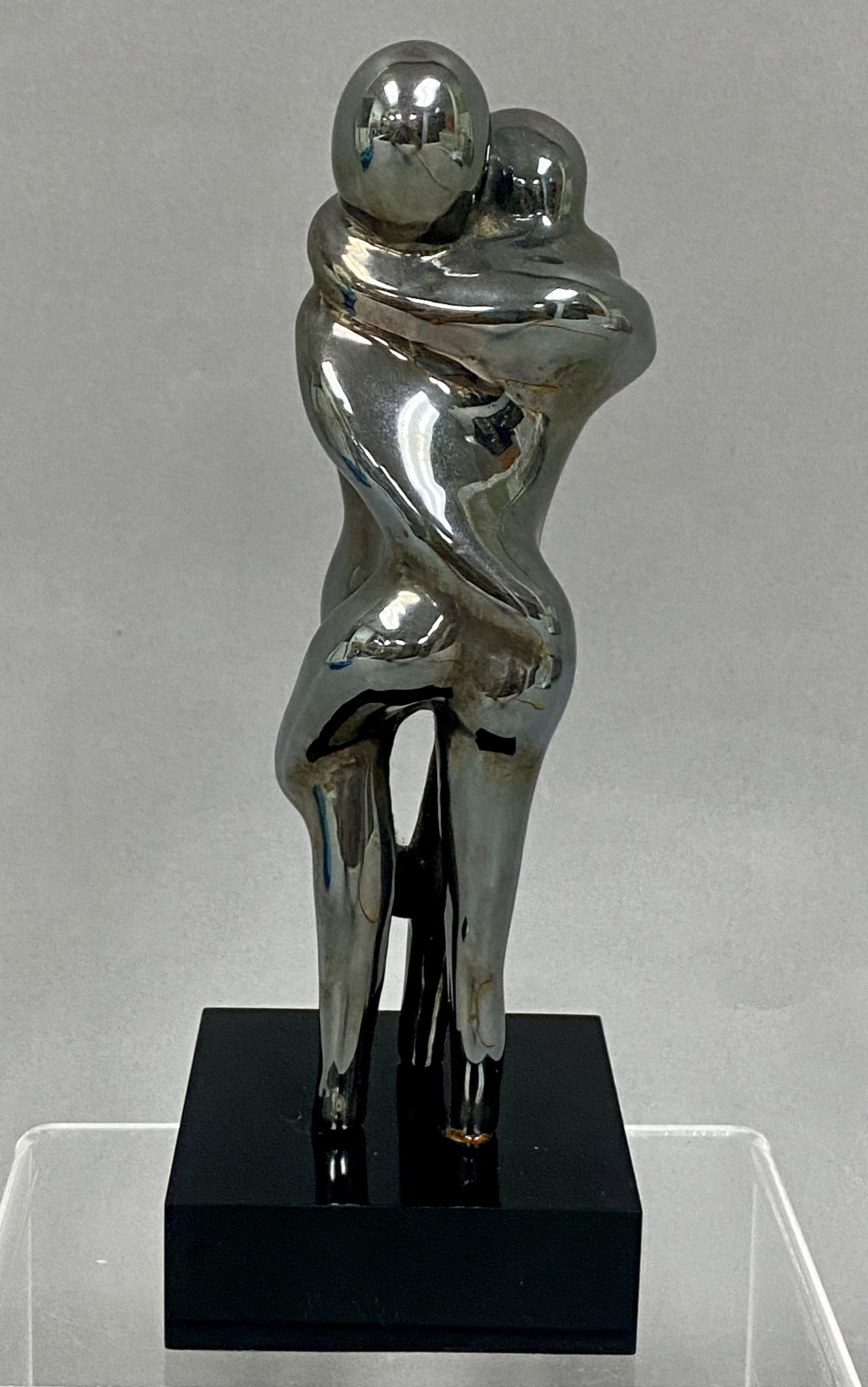 Modernist Silvered Metal Sculpture Embracing Lovers