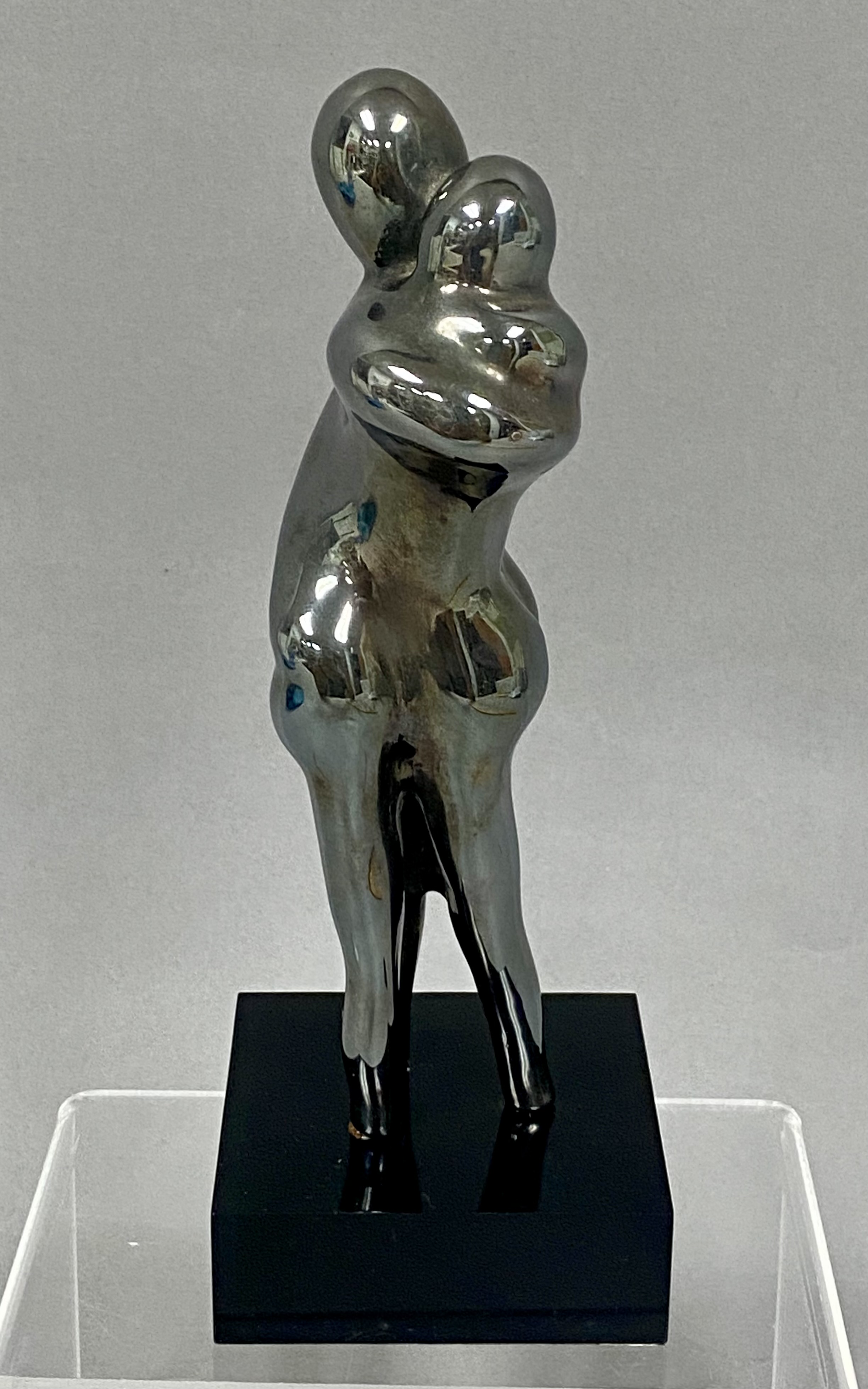 Modernist Silvered Metal Sculpture Embracing Lovers