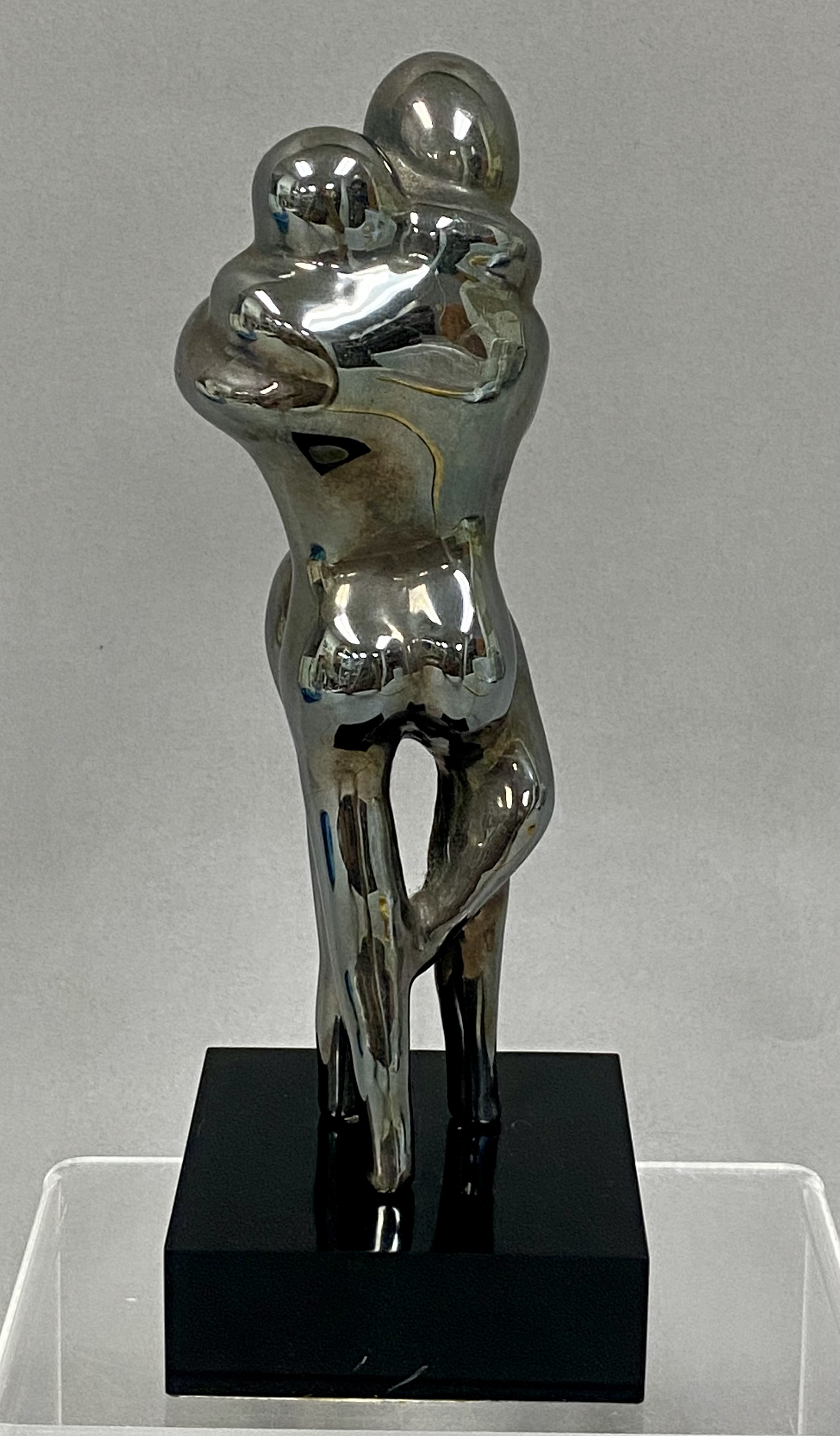 Modernist Silvered Metal Sculpture Embracing Lovers