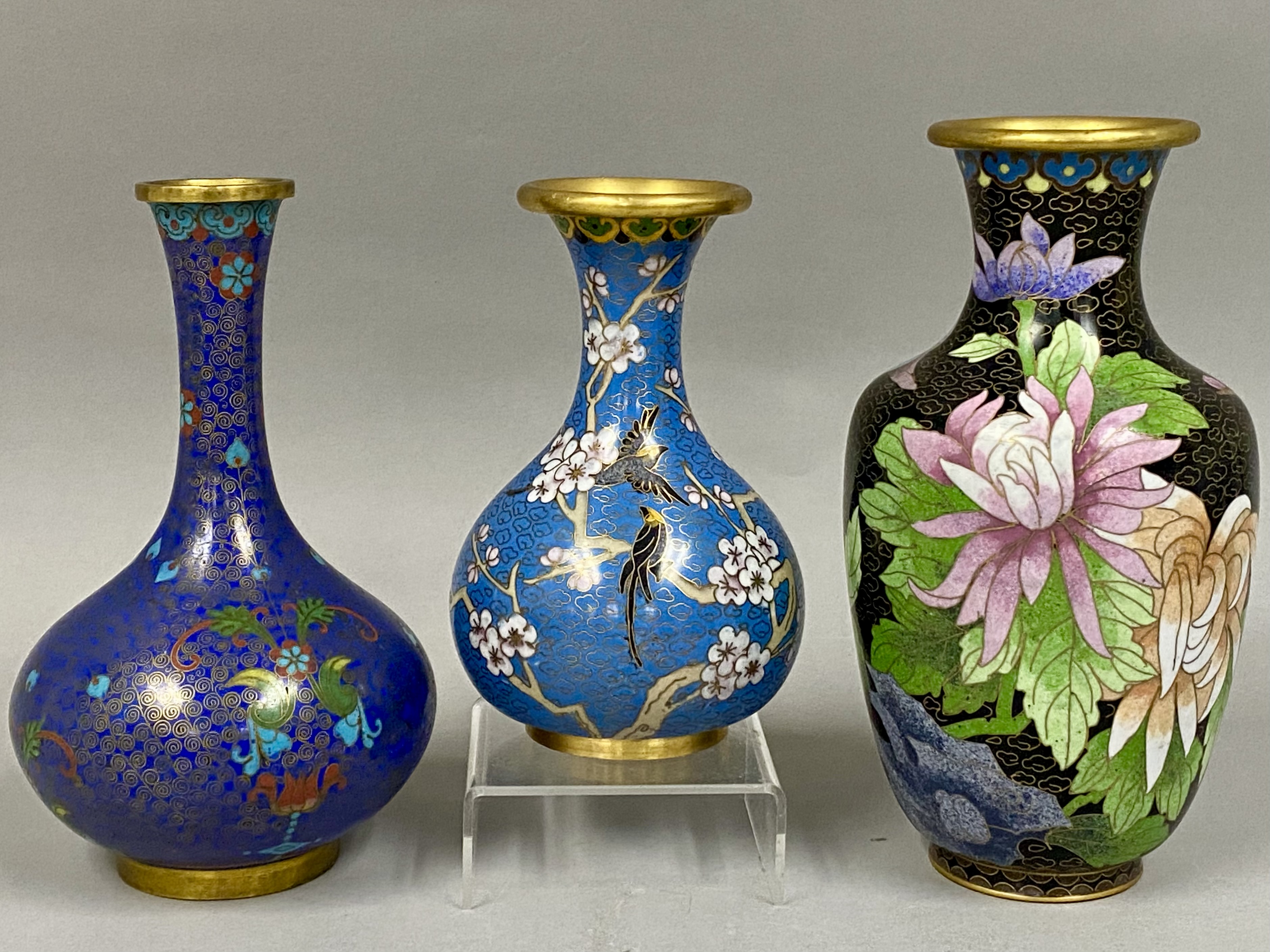 Trio of Vintage Chinese Cloisonne Enamel Vases