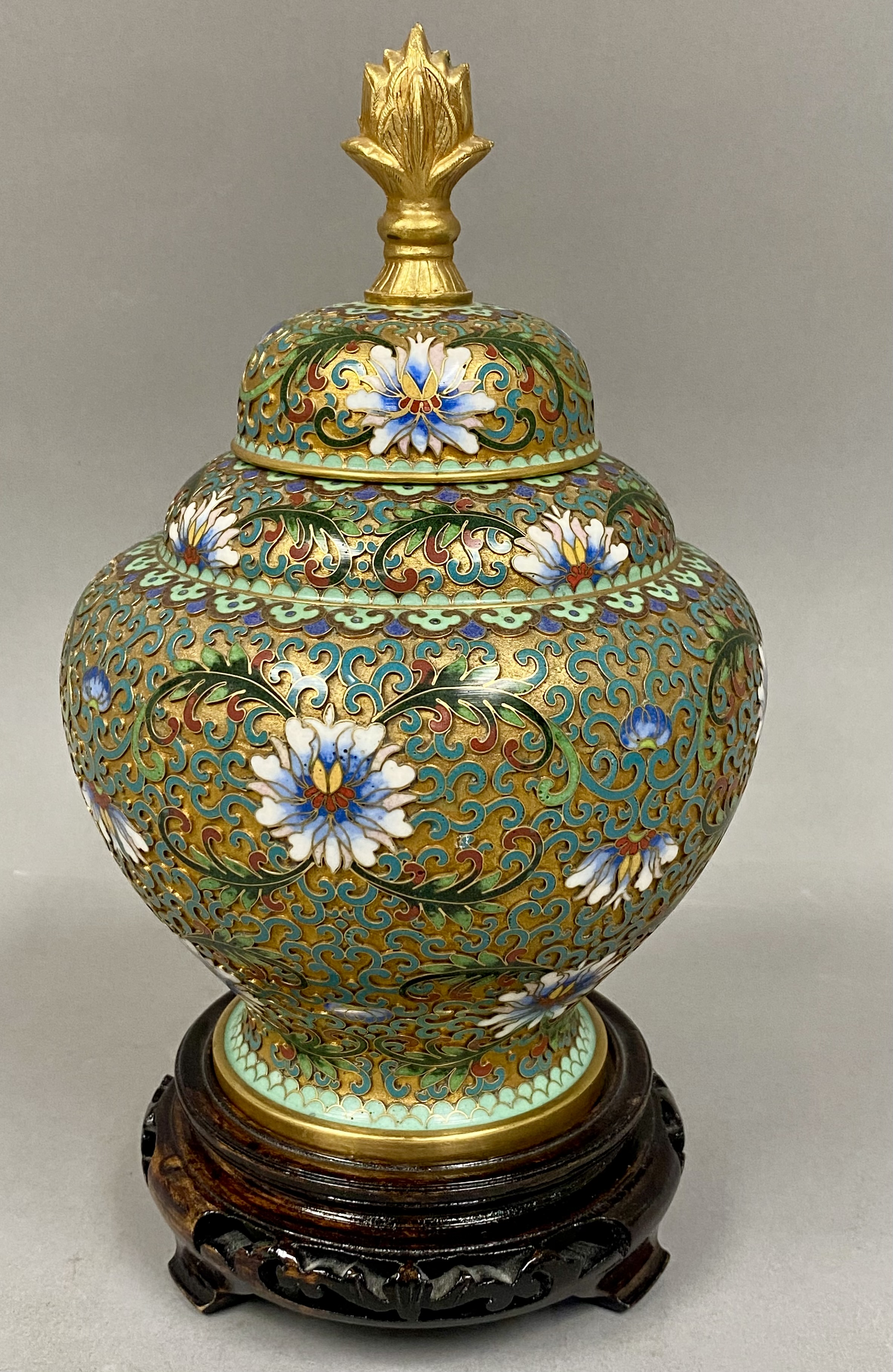 Chinese Cloisonne Enamel Jar and Cover on Carved Wood Stand