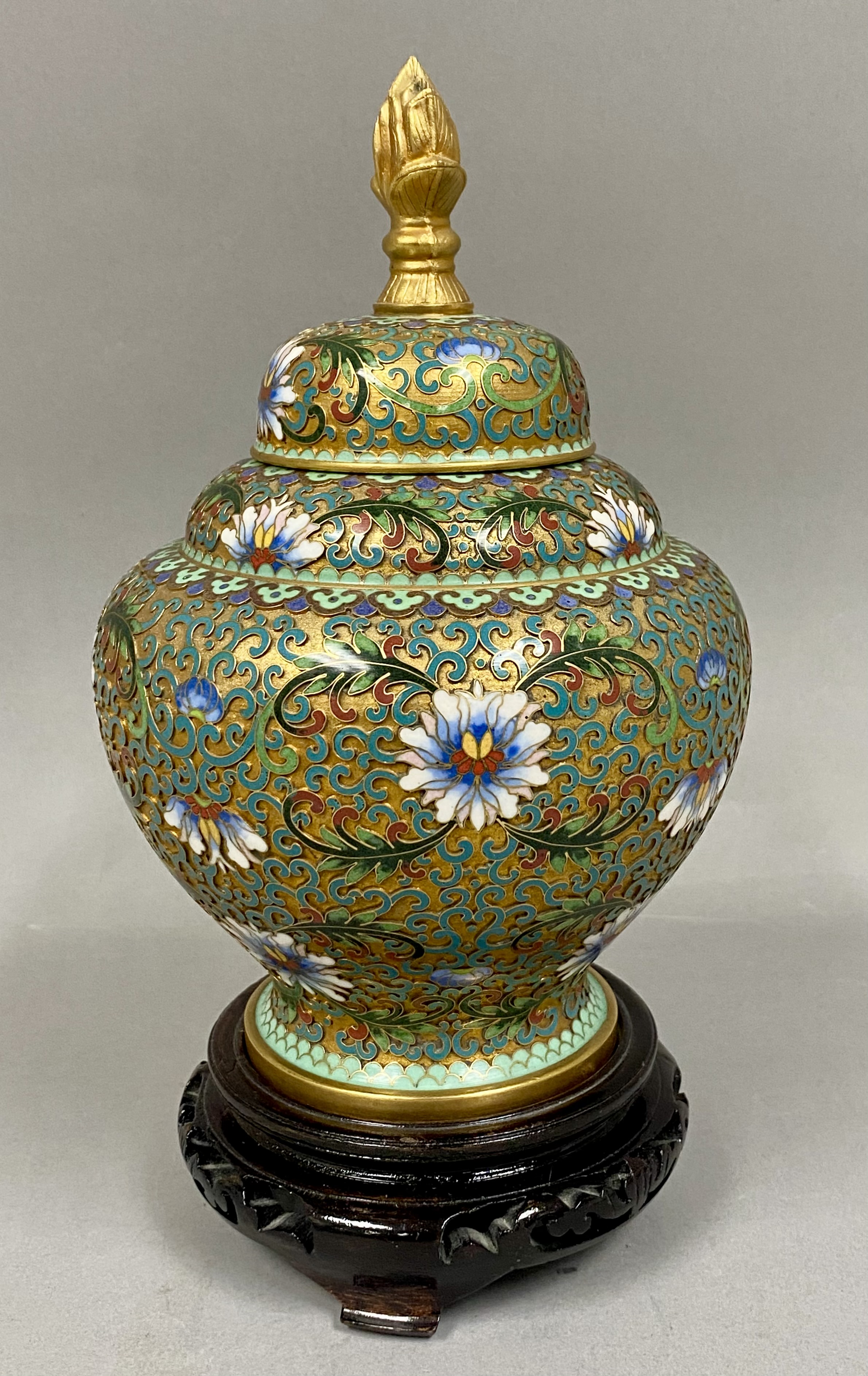 Chinese Cloisonne Enamel Jar and Cover on Carved Wood Stand