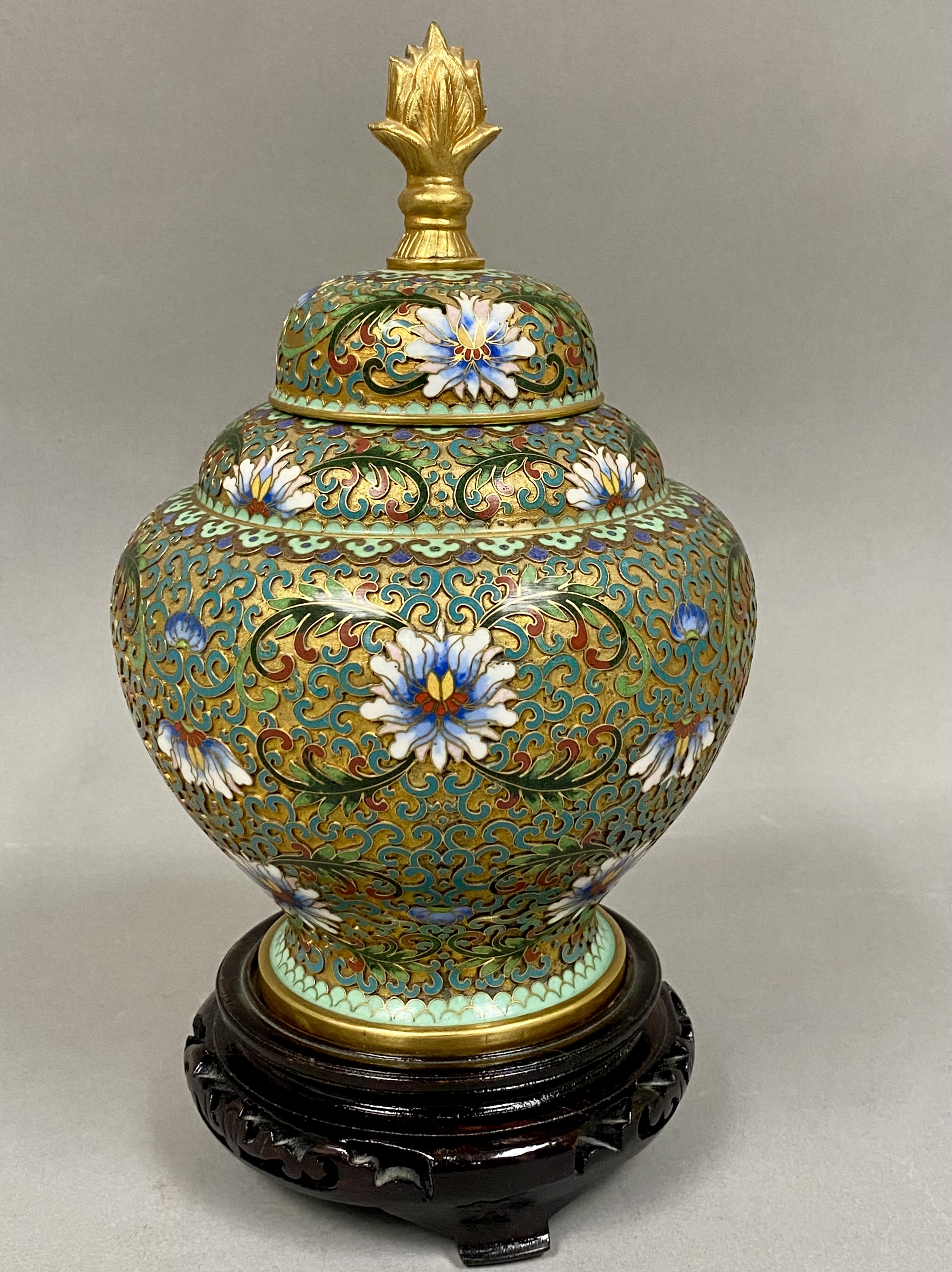 Chinese Cloisonne Enamel Jar and Cover on Carved Wood Stand