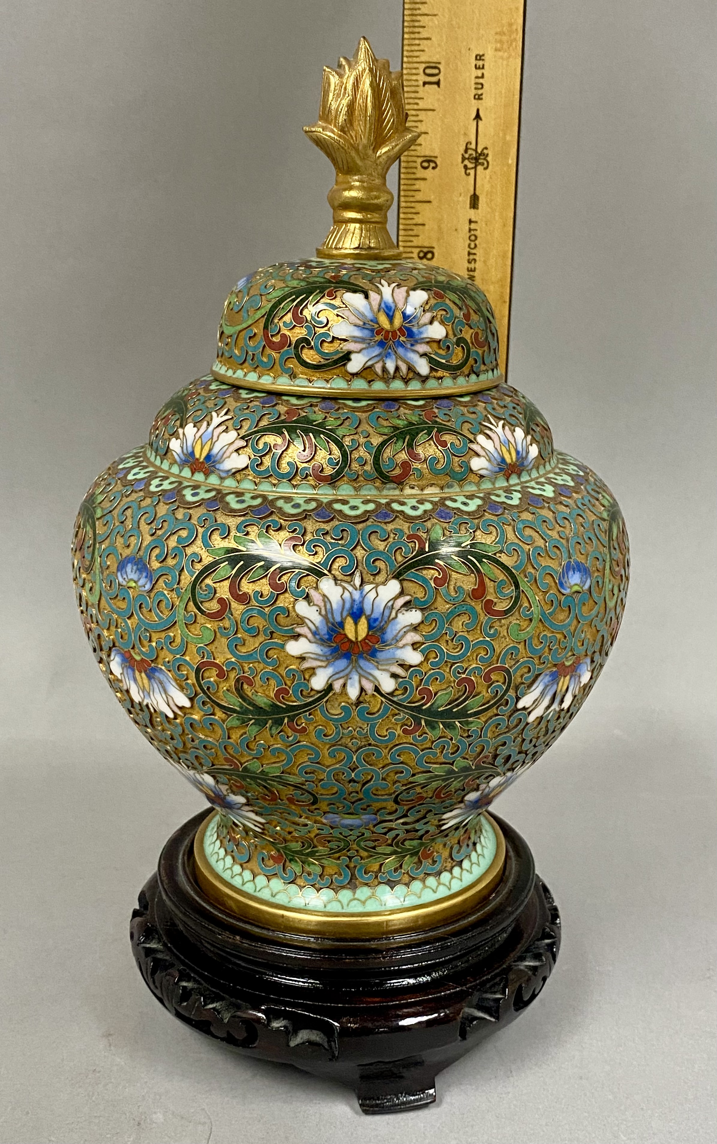 Chinese Cloisonne Enamel Jar and Cover on Carved Wood Stand